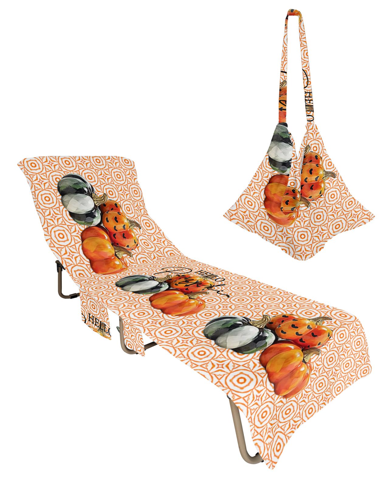 Geometric Pumpkins, Beach Lounge Chair Towel Cover, Soft Chaise Lounge Towel with Side Pockets Patio Pool Chairs Cover for Beach/Pool Sunbathing 29x85 Fall Thanksgiving Orange Green Lattice