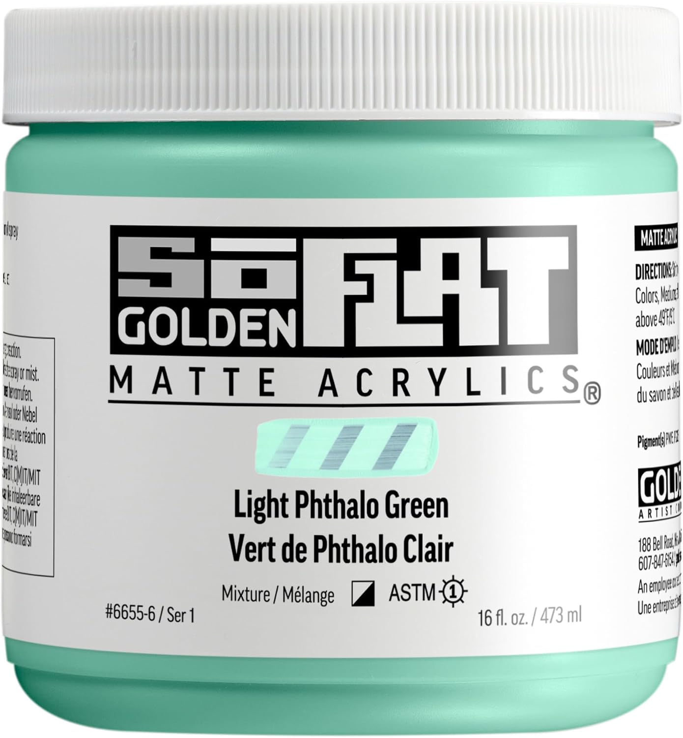 GOLDEN SoFlat Matte Acrylics, Light Phthalo Green, 16 fl. oz. Jar, Professional Acrylic Paint, Semi-Opaque