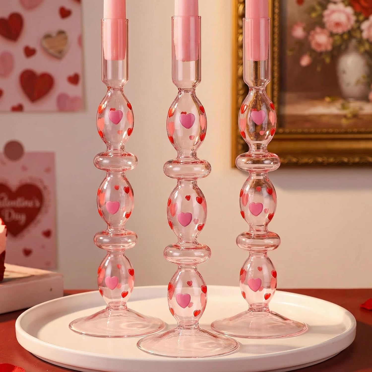 3 Pcs Valentine’s Day Candlestick Holder Pink Heart Glass Taper Candle Holders Valentines Home Indoor Decor Table Centerpieces Dinner Party Valentines Galentine Wedding Home Decorations