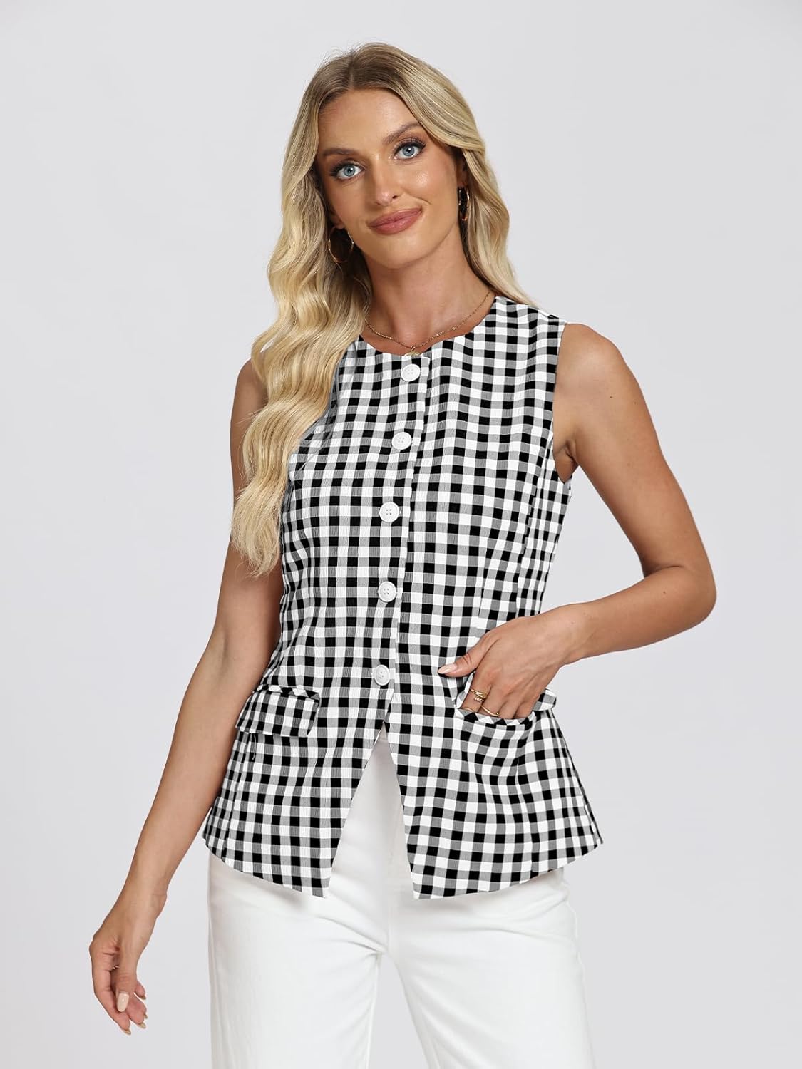 D-Sun Women's Sleeveless Blazer Vest Button Down Suit Vest Tops Gingham Trendy Round Neck Business Outerwear Waistcoat - Image 4