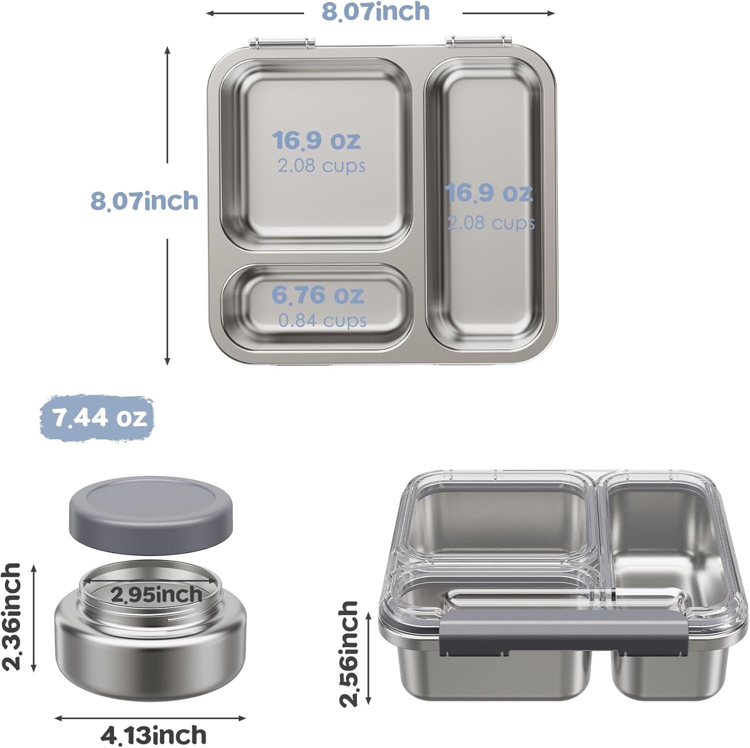 Pawtong Stainless Steel Bento Box Kids Adult with 7oz Insulated Food Jar, Transparent Lid Metal Lunch Box With Soup Thermal Jar, Lunch Box Container with Removable Divider & Sauce Cup School (Grey)