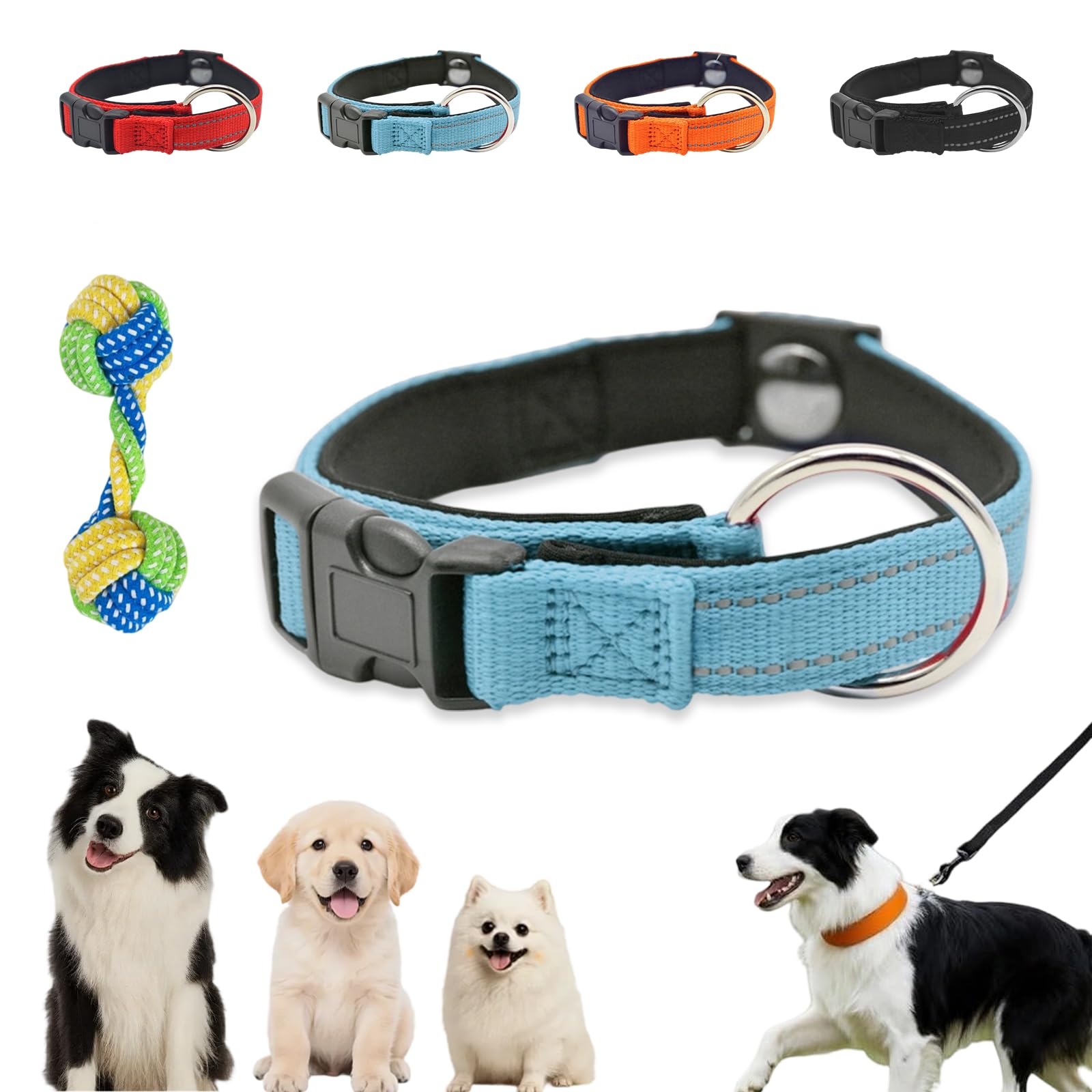 Magnetic Dog Collar, Reflective Adjustable Dog Collar for Senior Dogs, Double-Layer Breathable Fabric Pet Collar with Quick-Release Magnetic Buckle (Blue)