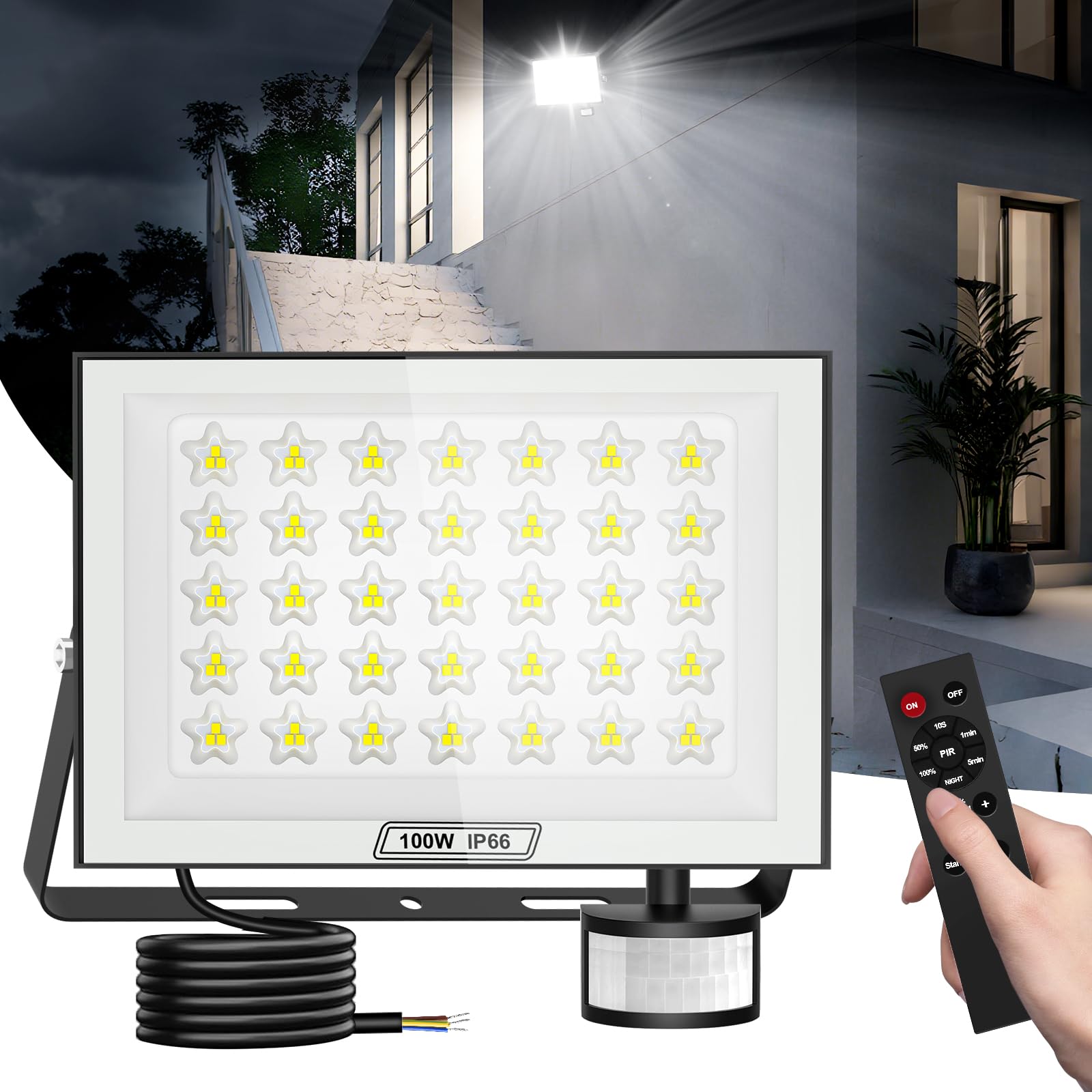 papasbox 100W Led Floodlight Outdoor, 10000LM Security Lights Outdoor Motion Sensor, IP66 Waterproof Spotlight, 6500K LED Work Light, PIR Lights with 50cm Cable for Garden Garage Court Patio