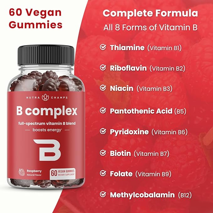 NutraChamps Vitamin B Complex Gummies, Vitamin B Gummies Boosts Energy, B Complex Vitamins B1, B2 (Riboflavin), B3 (Niacin), B5, B6, B7 (Biotin), B9 (Folic Acid), Methyl B12