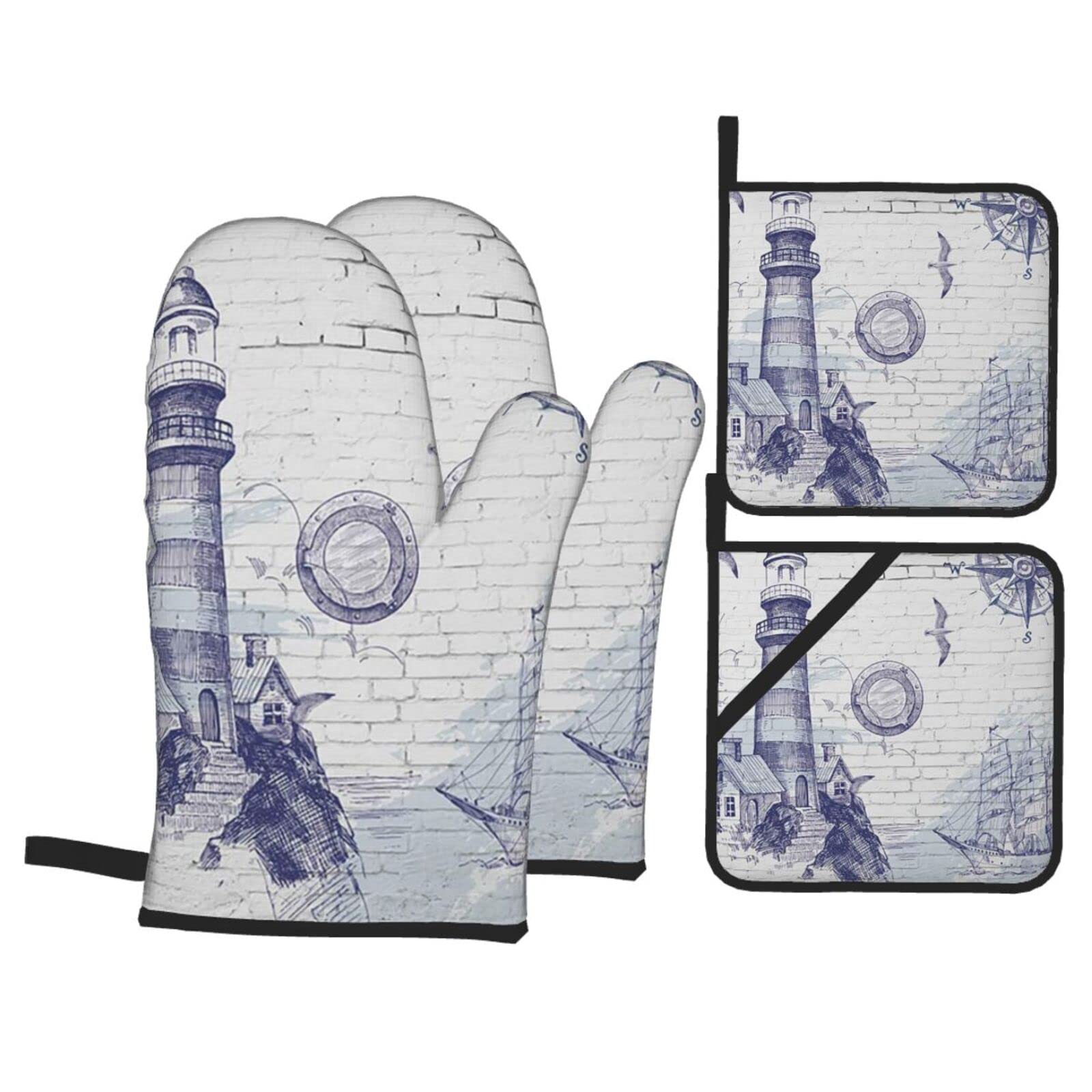 Sail Boat Nautical Compass Print Kitchen Baking Four Piece Set of Heat Resistant Thick Cotton Oven Mitts for Cooking, Baking and Grilling