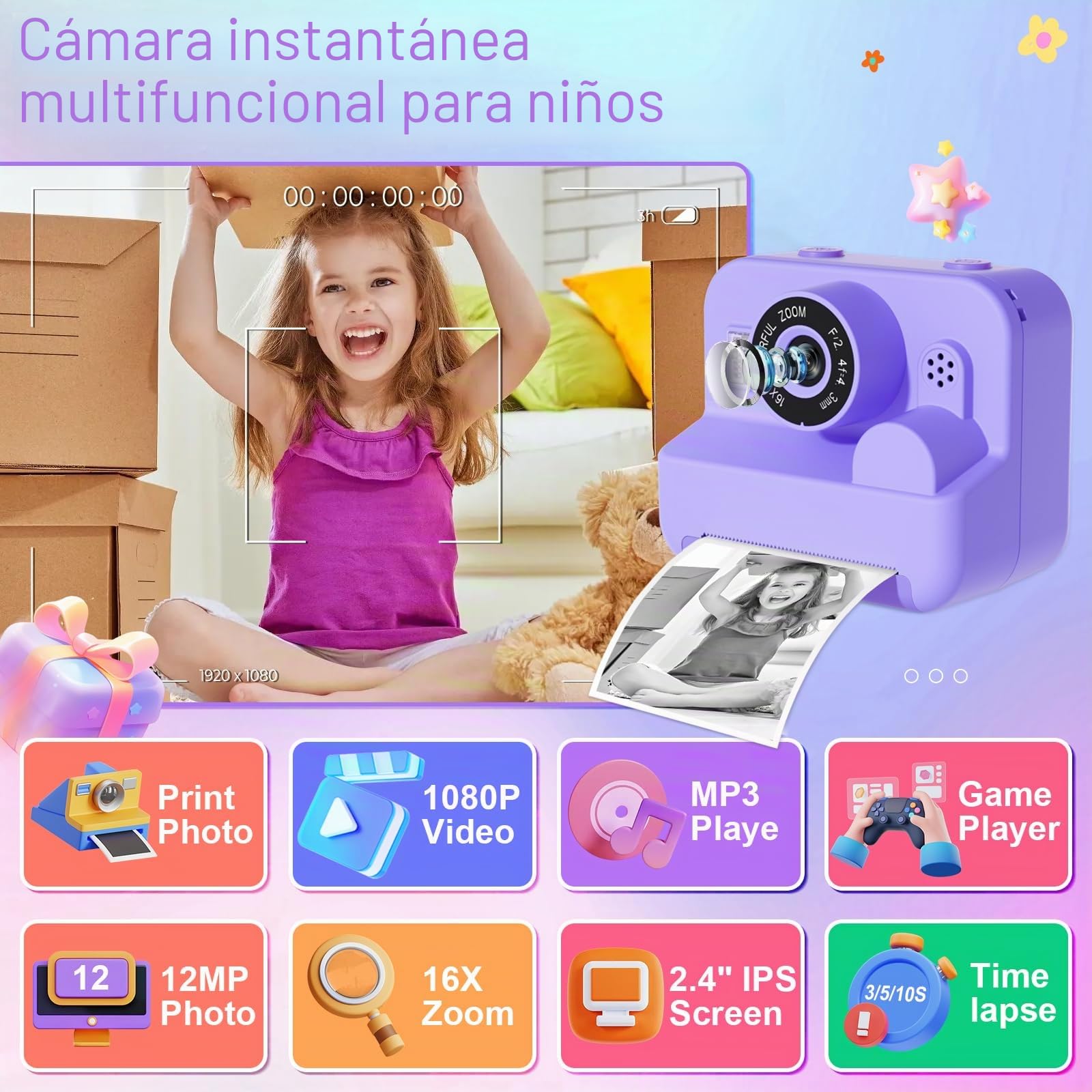 GKTZ Cámara de Fotos Instantáneas - Doble Cámara Fotos Infantil con Papel de Impresión y Tarjeta SD de 32G, Regalo para Niños de 3 a 14 años (Morado)