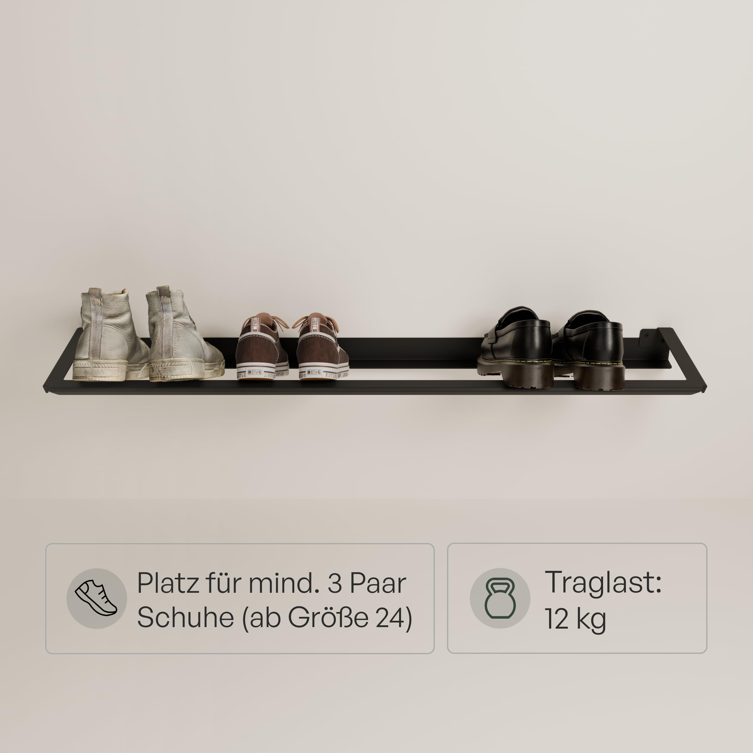 pamo Schuhregal schmal Metall zur Wandmontage 91 x 20 cm | Platzsparender Schuhschrank für Flur, Ankleide oder Schlafzimmer – Schwarze Schuhablage für Sneaker