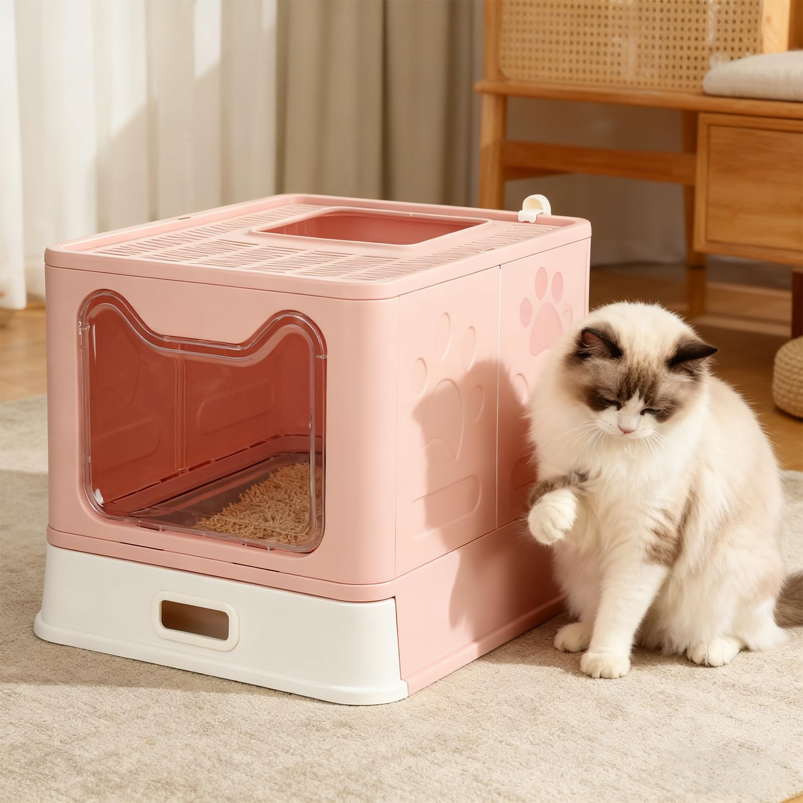 Inodoro XL para gatos con tapa, acero inoxidable con bandeja extraíble y pala, 51 x 41 x 38 cm (rosa, clásico)