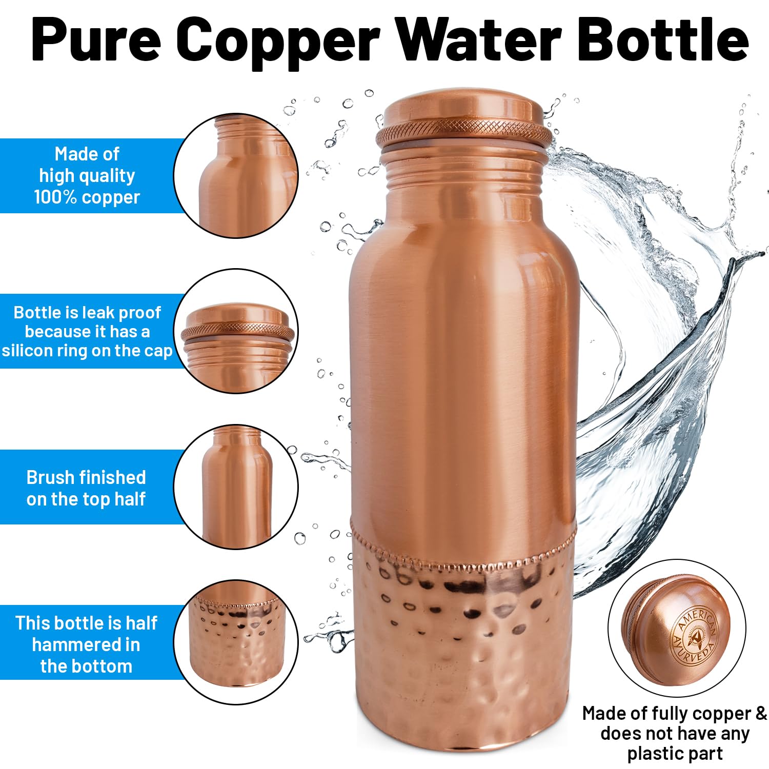 A American Ayurveda Wasserflasche aus 100% reinem Kupfer, gelenkfrei, auslaufsicher, Trinkbecher, Thermoskanne, Yoga, gesundheitliche Vorteile, natürliches basisches Wasser, 600 ml