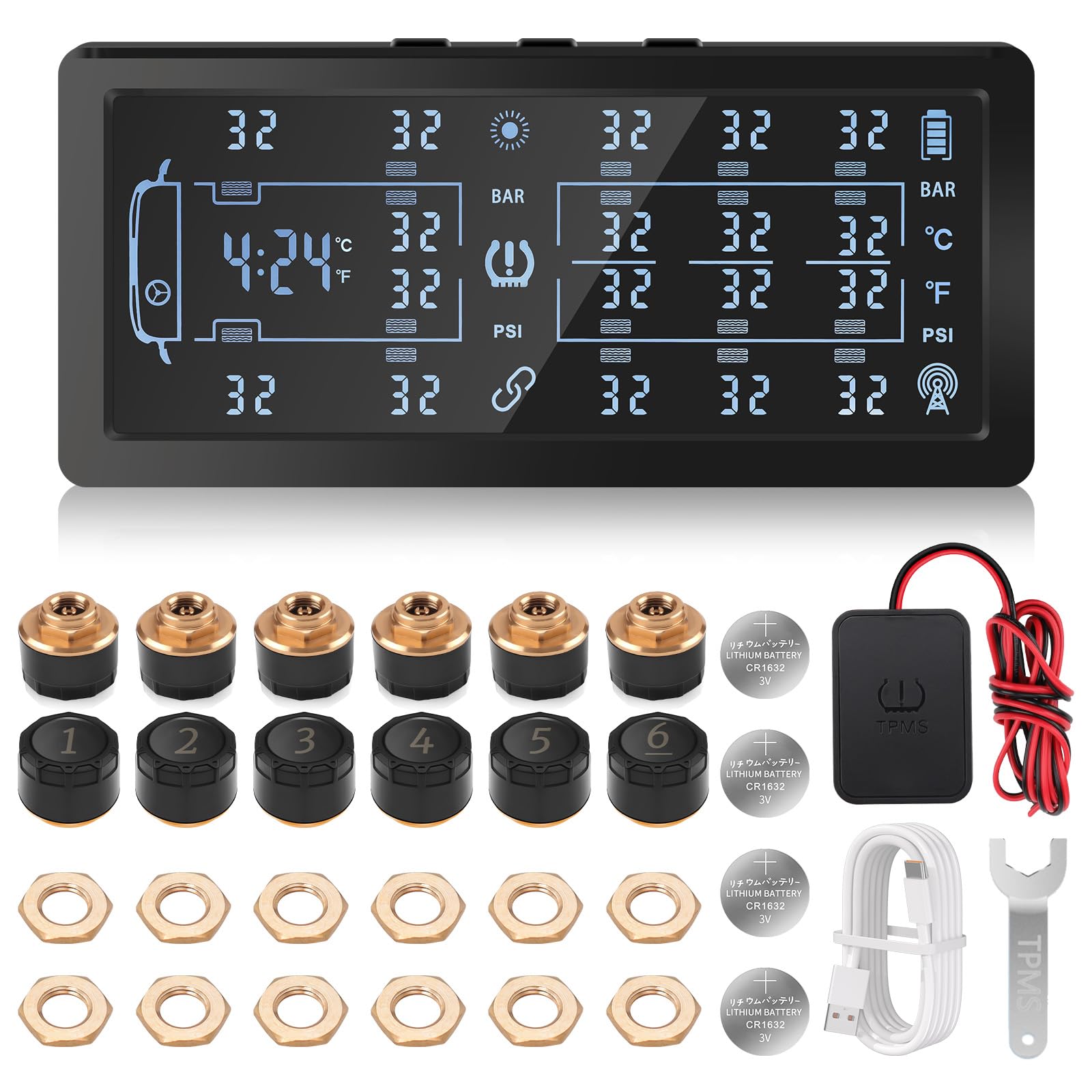 13Bar/199Psi TPMS Sistema di Monitoraggio della Pressione Controllo degli Pneumatici per Camion con 12 Sensori di Pressione dei Pneumatici Esterni per 10/12 Ruote Van Trattore Camion Pesante