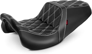 One-Piece Driver and Passenger Seat with Diamond Pattern Stitching Fit for Harley Touring Road King Road Glide Street Glide Electra Glide 2008-2022 Models (White Stitching)