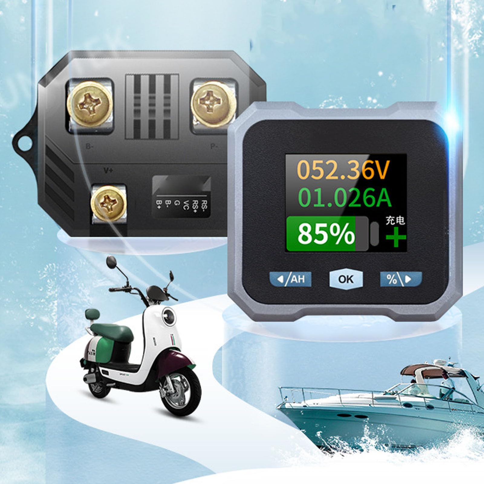 Batteriemonitor mit Shunt, 100 A, 10–100 V, Digitales Strom-Voltmeter, Amperemeter für Wohnmobil, Motorrad, Golfwagen, Solarpanel-Batterie mit 1,8-Zoll-Farbbildschirm,