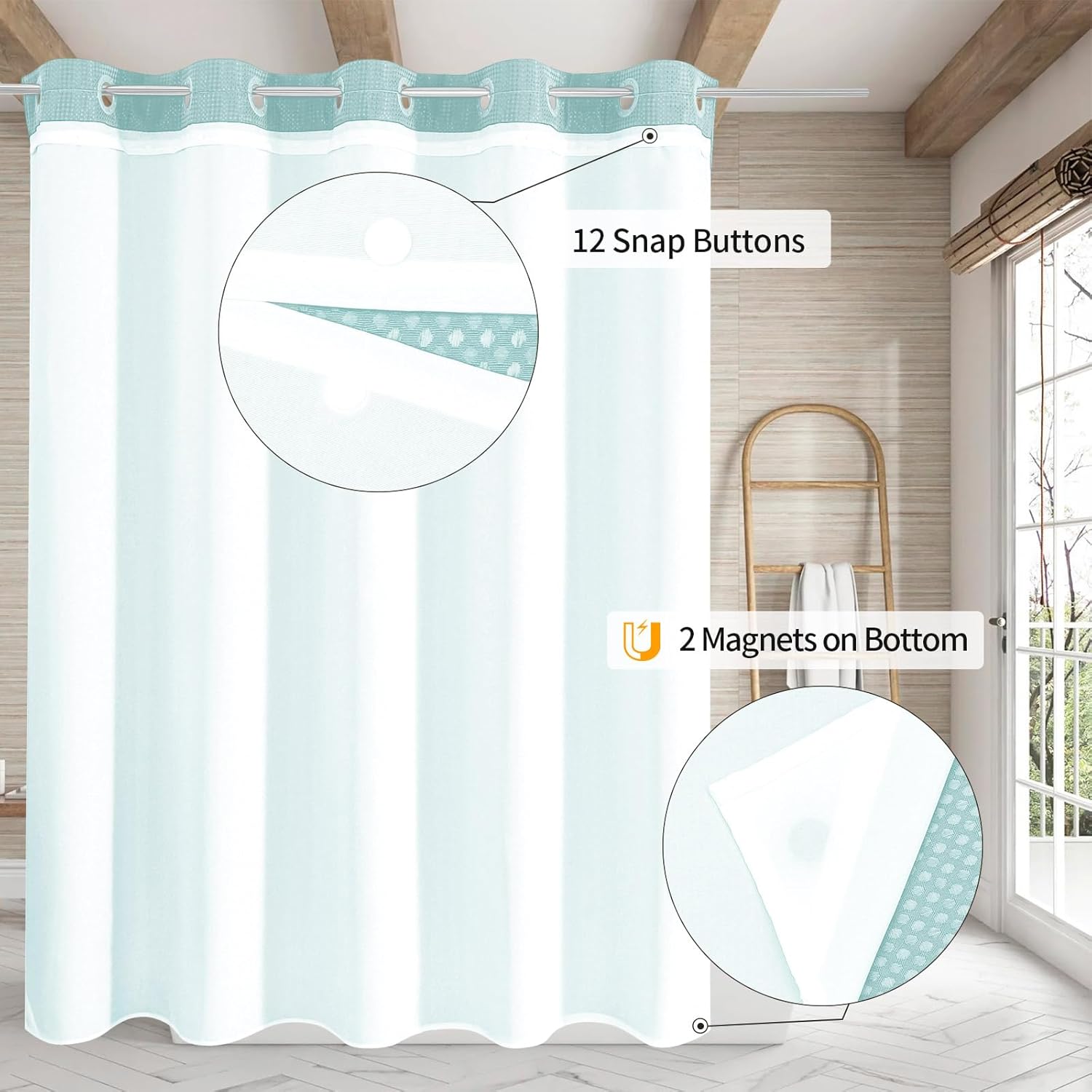 MitoVilla Teal No Hooks Needed Waffle Shower Curtain Liner Set, Turquoise Modern Waffle Weave Heavy Fabric Cloth Shower Curtain with Snap-in Liner for Aqua Luxury Neutral Hotel Spa Bathroom Decor