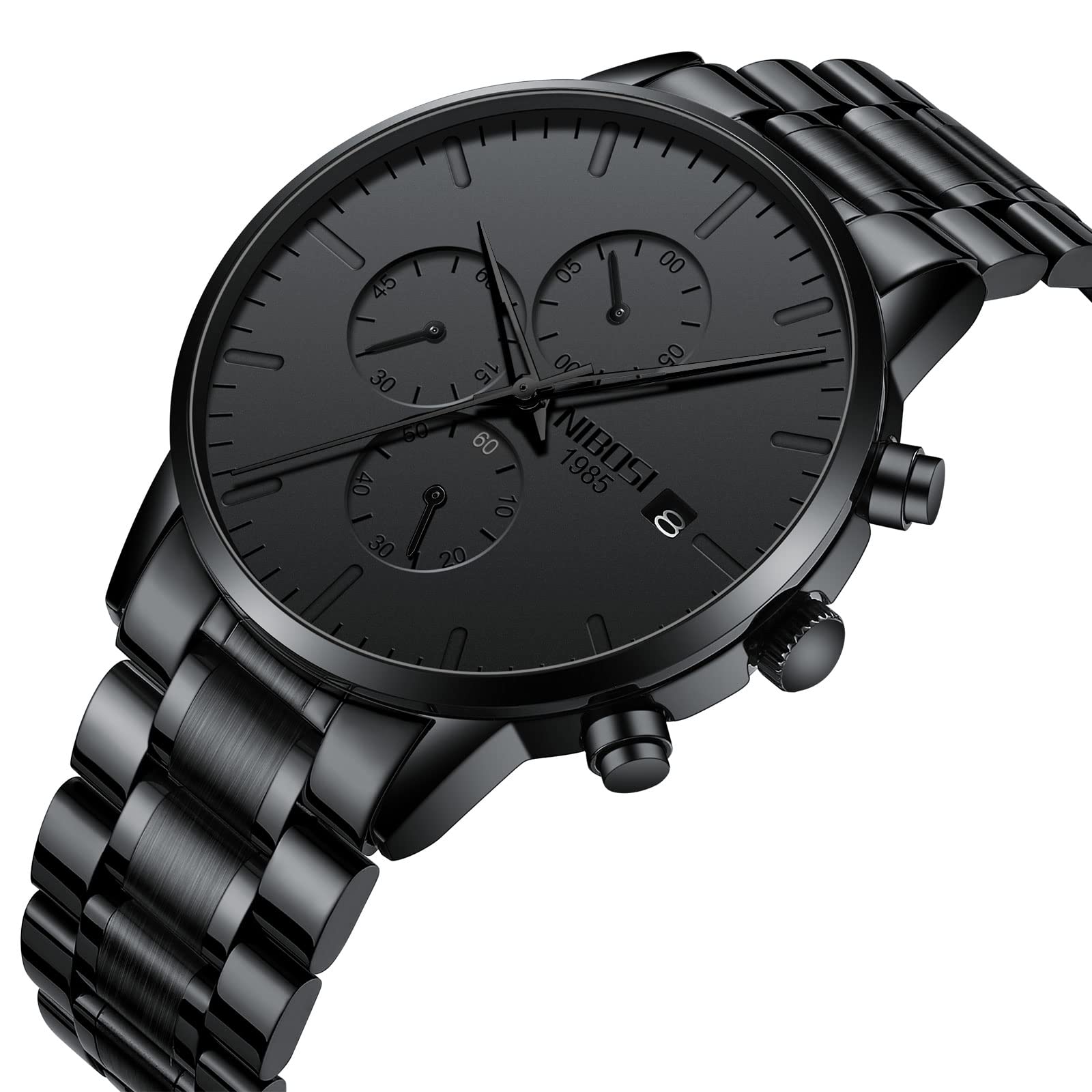 NIBOSI Orologio analogico da uomo, cronografo, minimalista, nero, con data | Cinturino impermeabile in acciaio inox, orologio al quarzo, stile militare, casual