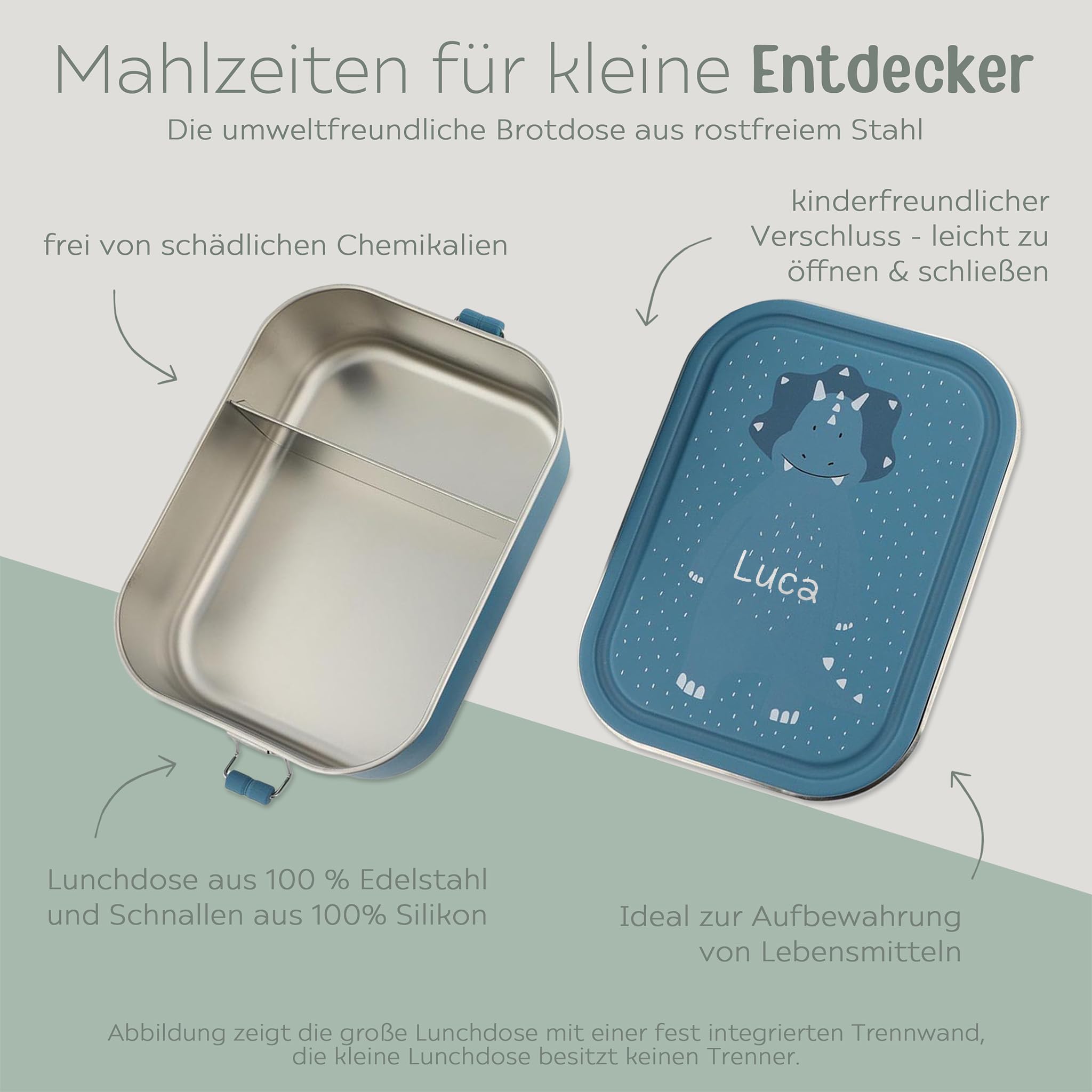 TRIXIE Brotdose Kinder Edelstahl Lunchbox personalisiert Frühstücksbox mit Fächern und Clip