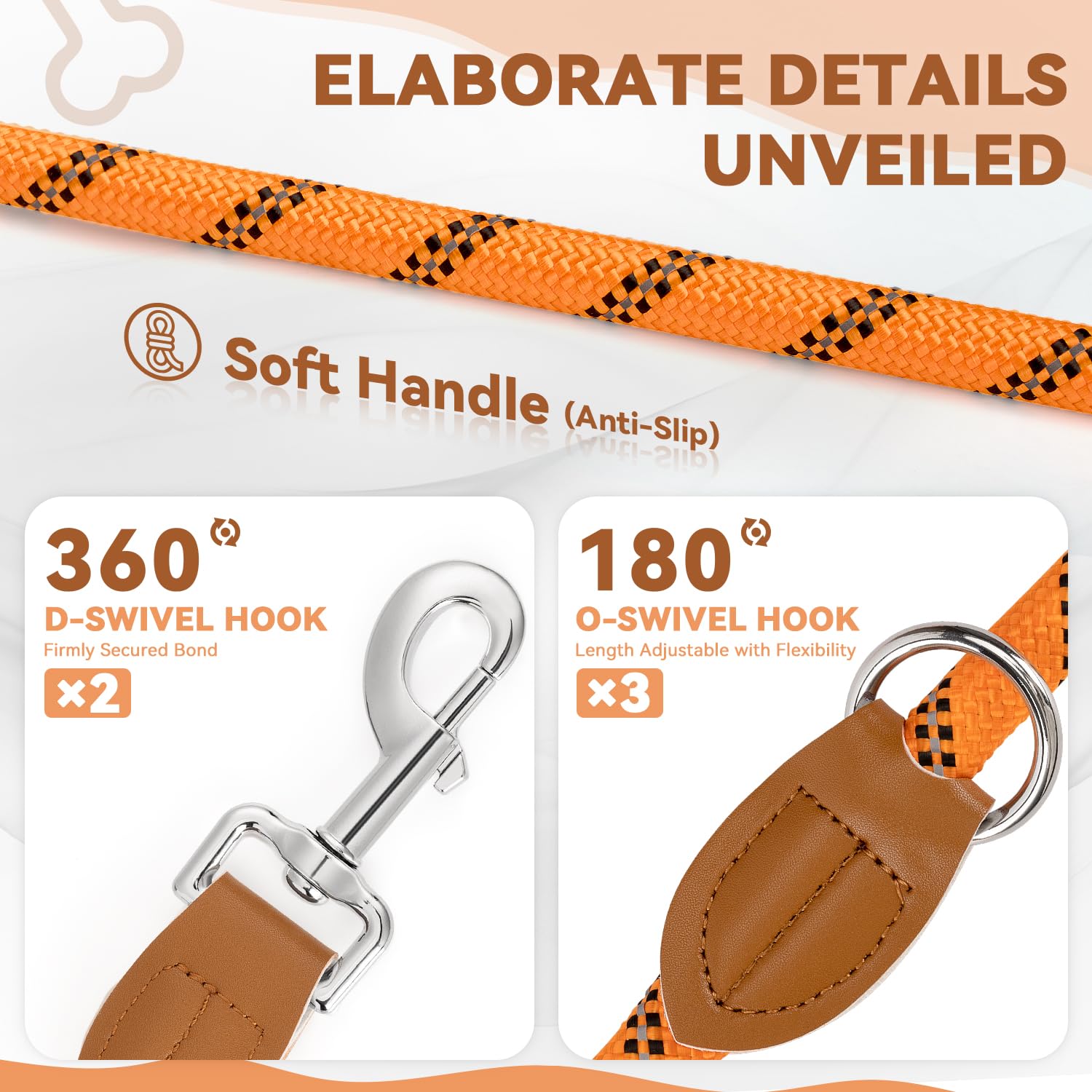 PETCOOZ Guinzaglio Doppio per Cani, Guinzaglio per Cani 3M Regolabile con Fino Riflettente, Multifunzione e Resistente per Cani Piccoli, Medi e Grandi, Arancione