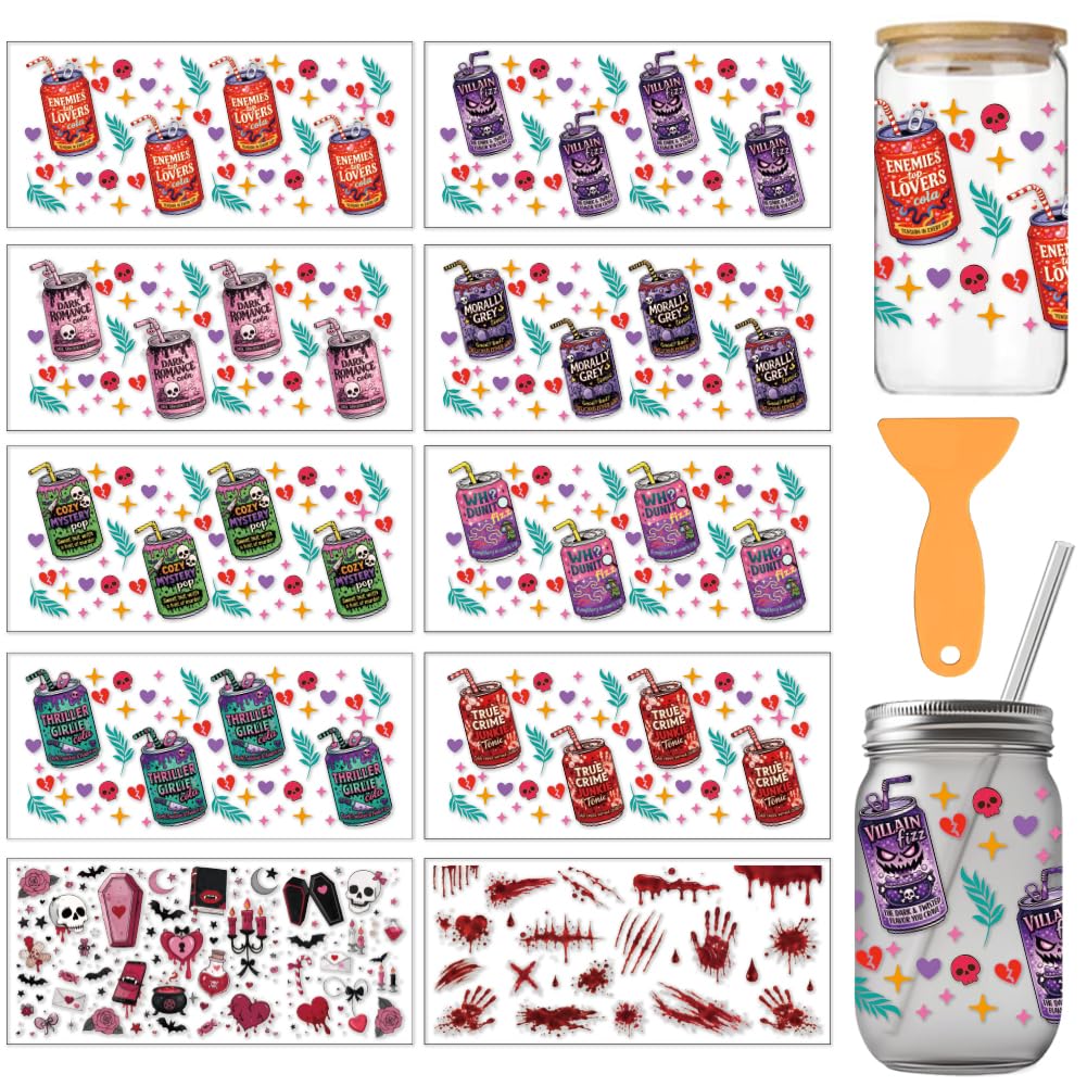 arricraft 10 Sheets Vampire Theme UV DTF Cup Wrap for 16OZ Glass, Skulls Vampire Fangs Cola Cans Laurel Leaves Rub on Decals PVC Transfer Stickers for DIY Cups Window Home Printing Decoration 24x11cm โ image 1