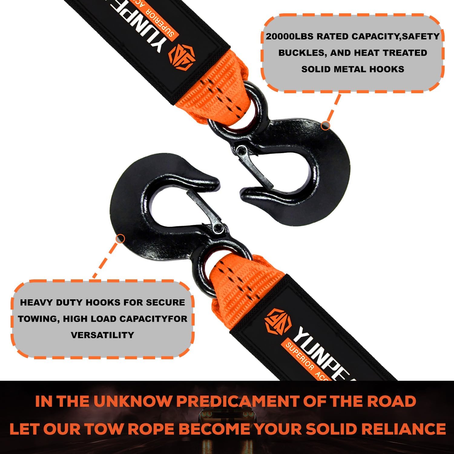 Tow Strap with Hooks, 2" x 20ft (20,000lbs) Heavy Duty Recovery Towing Strap with Forged Steel Hooks, Car Tow Strap for UTV, ATV, Truck(Orange)