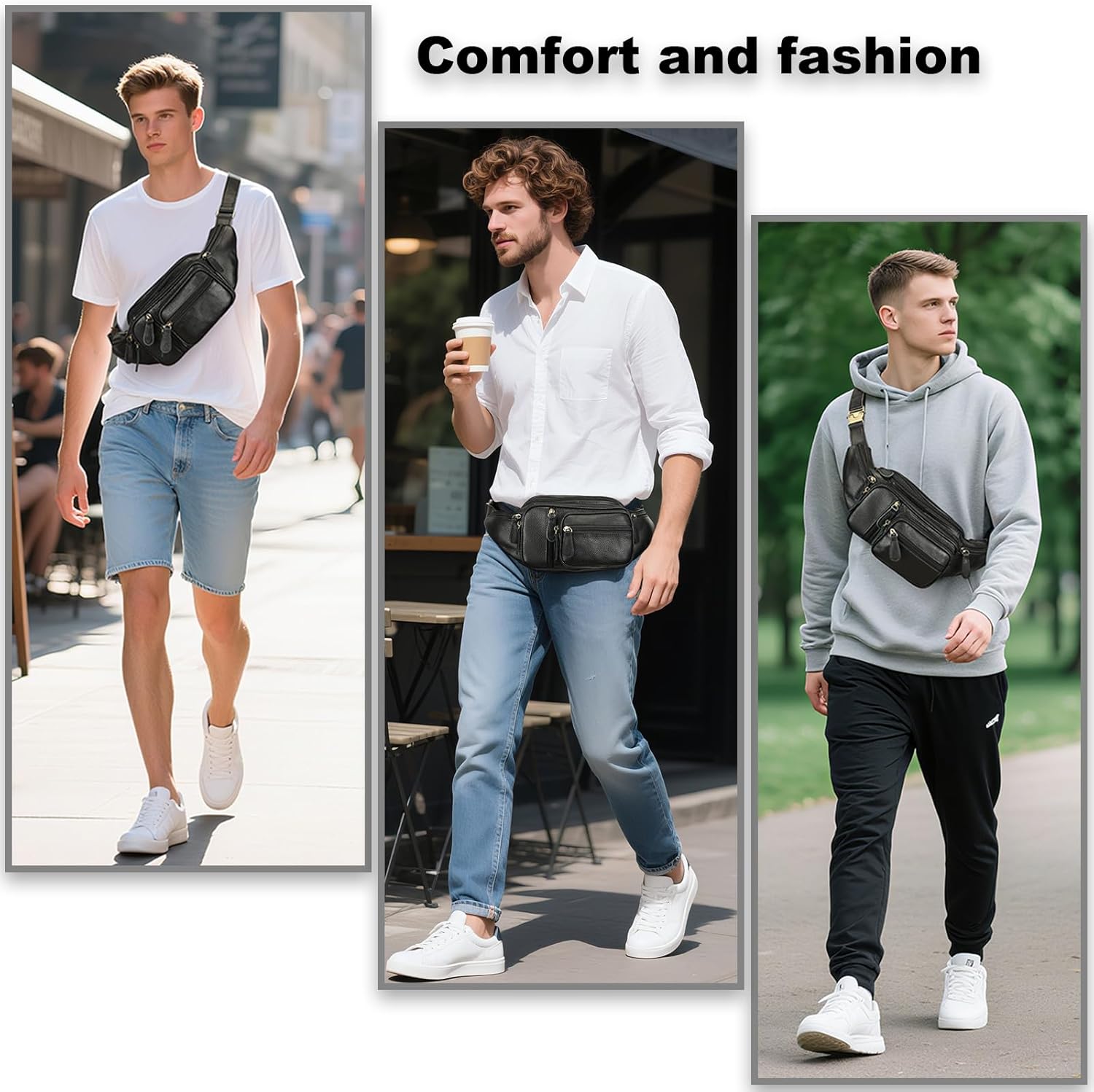 Genuine Leather Fanny Pack large capacity Crossbody Waist Bag with Zipper phone Pockets black - Image 4