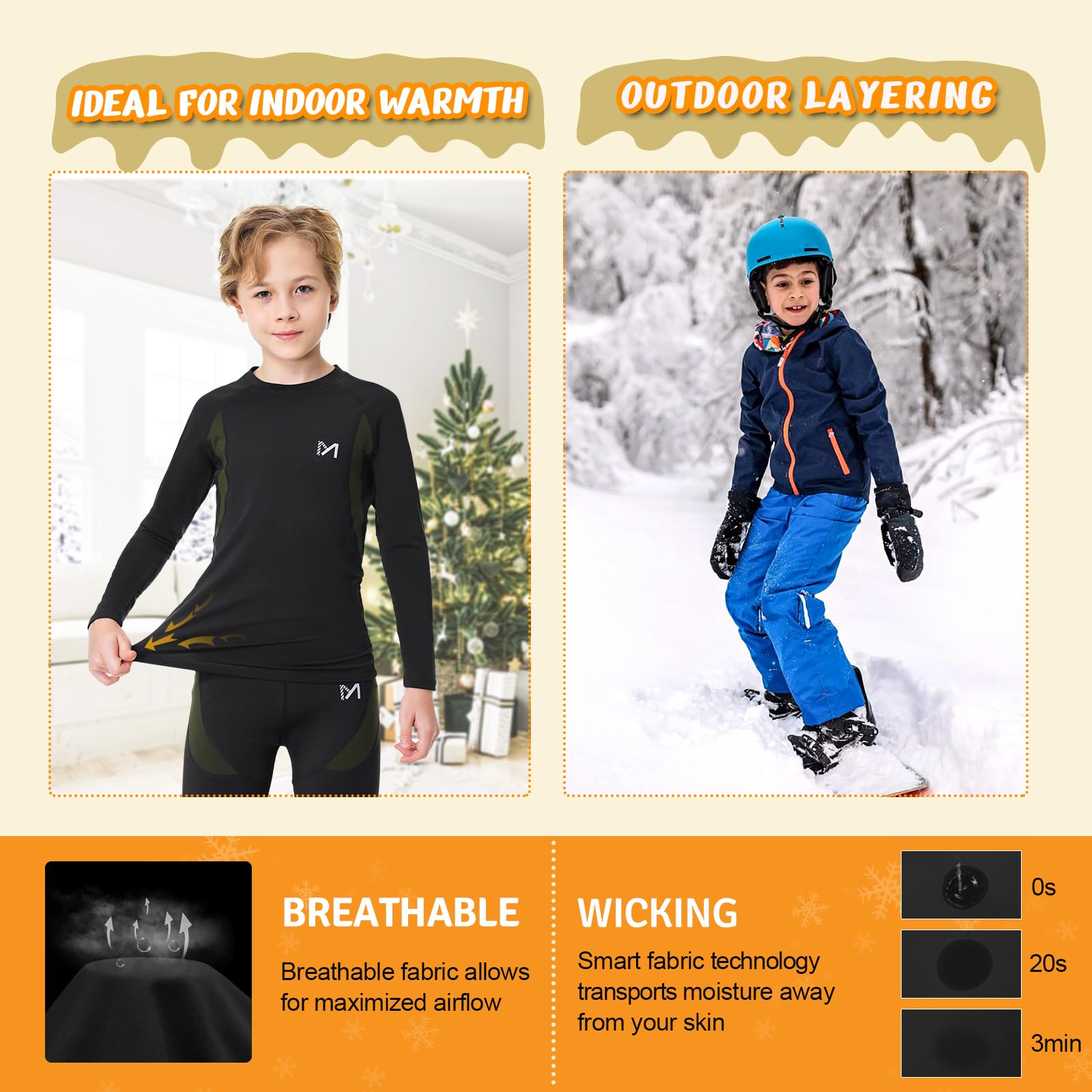 MEETYOO 2 Packs Ropa Interior Térmica Niños Camiseta Térmica Invierno Manga Larga Pantalones Cortos Esquí Deporte Transpirable Cálido Capa Base Ropa Interior Set