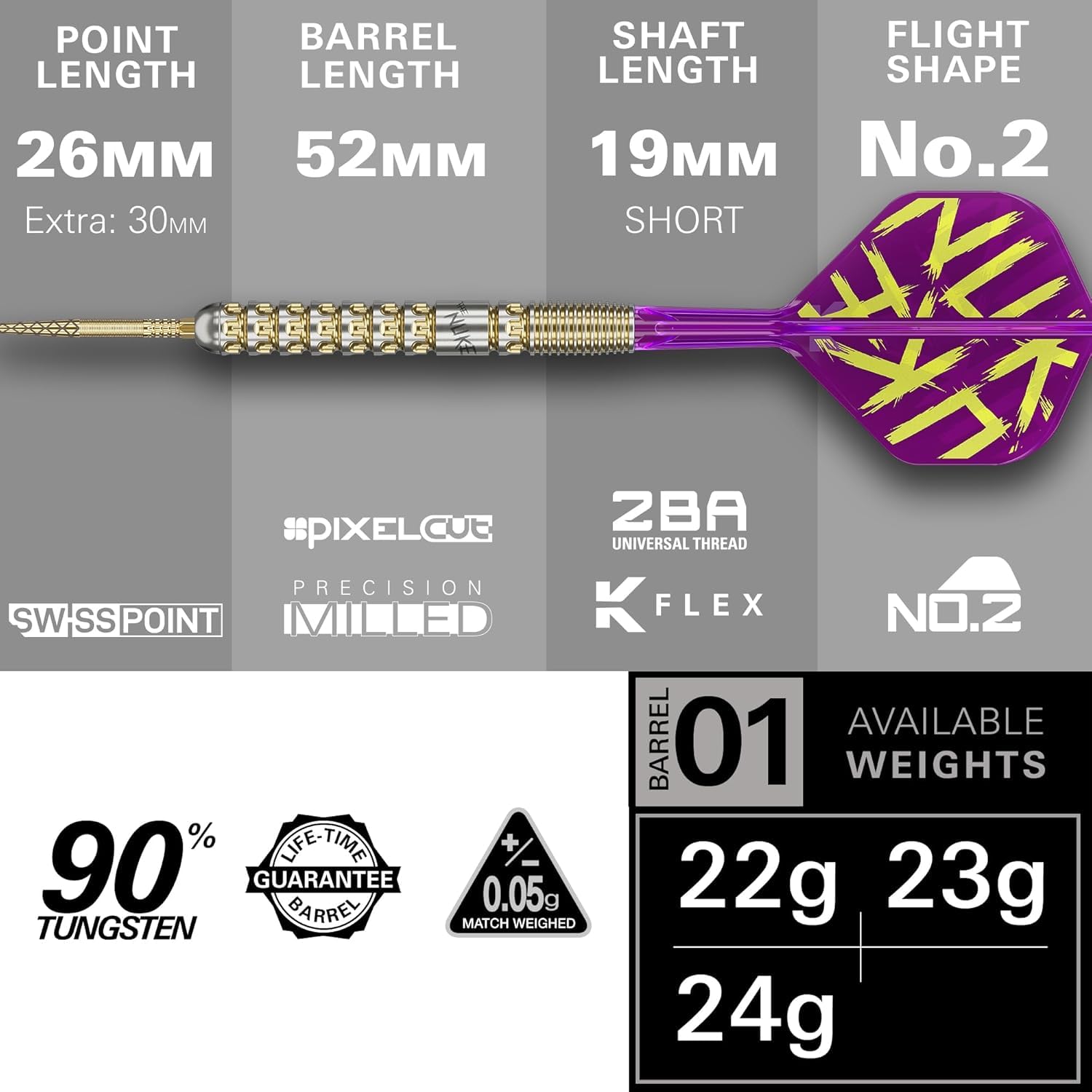 Target Darts Luke Littler Gen 1 Prodigy Steel Tip Swiss Point Darts, 90% Tungsten Dart, 22G/23G/24G | Generatie 1 Gold Steel Tip Dart, Player Edition Swiss Points Dart Sets, K-Flex Flights en Shafts