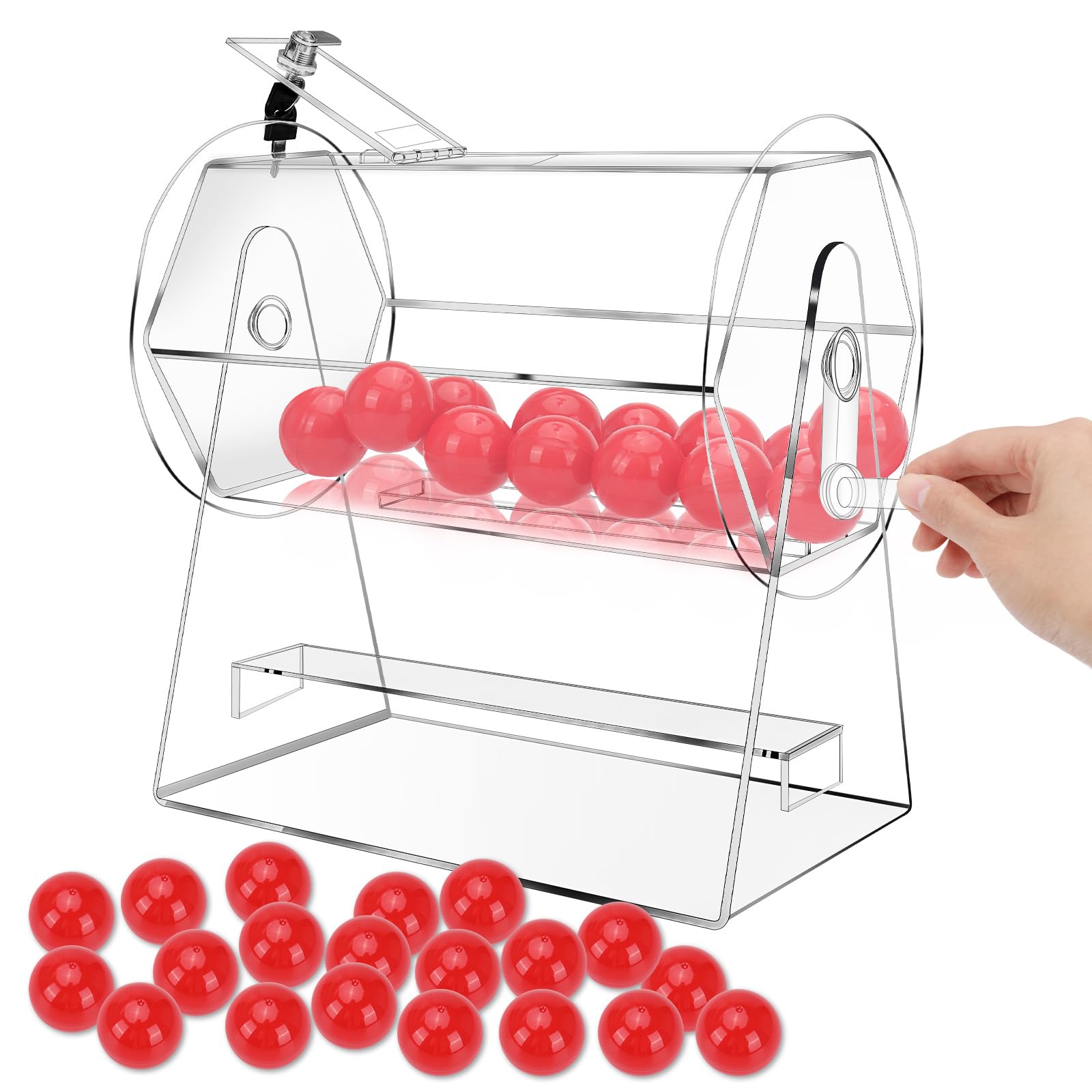 Gpaentsn Acrylic Raffle Drum with Handle, Professional Raffle Ticket Spinner Drum with 50 Raffle Balls & 1 Keys, Acrylic Spinning Raffle Ticket Box for Balls, Chips, Tickets