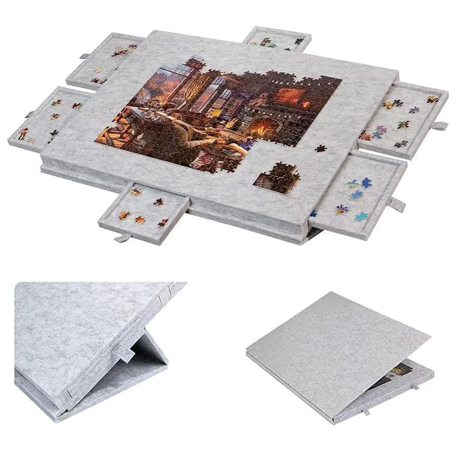 Tablica puzzli, przechylana tablica puzzli, składana antypoślizgowa filcowa tablica puzzli, lekki przenośny stół puzzle, z szufladami i osłoną, do organizowania i przechowywania elementów puzzli