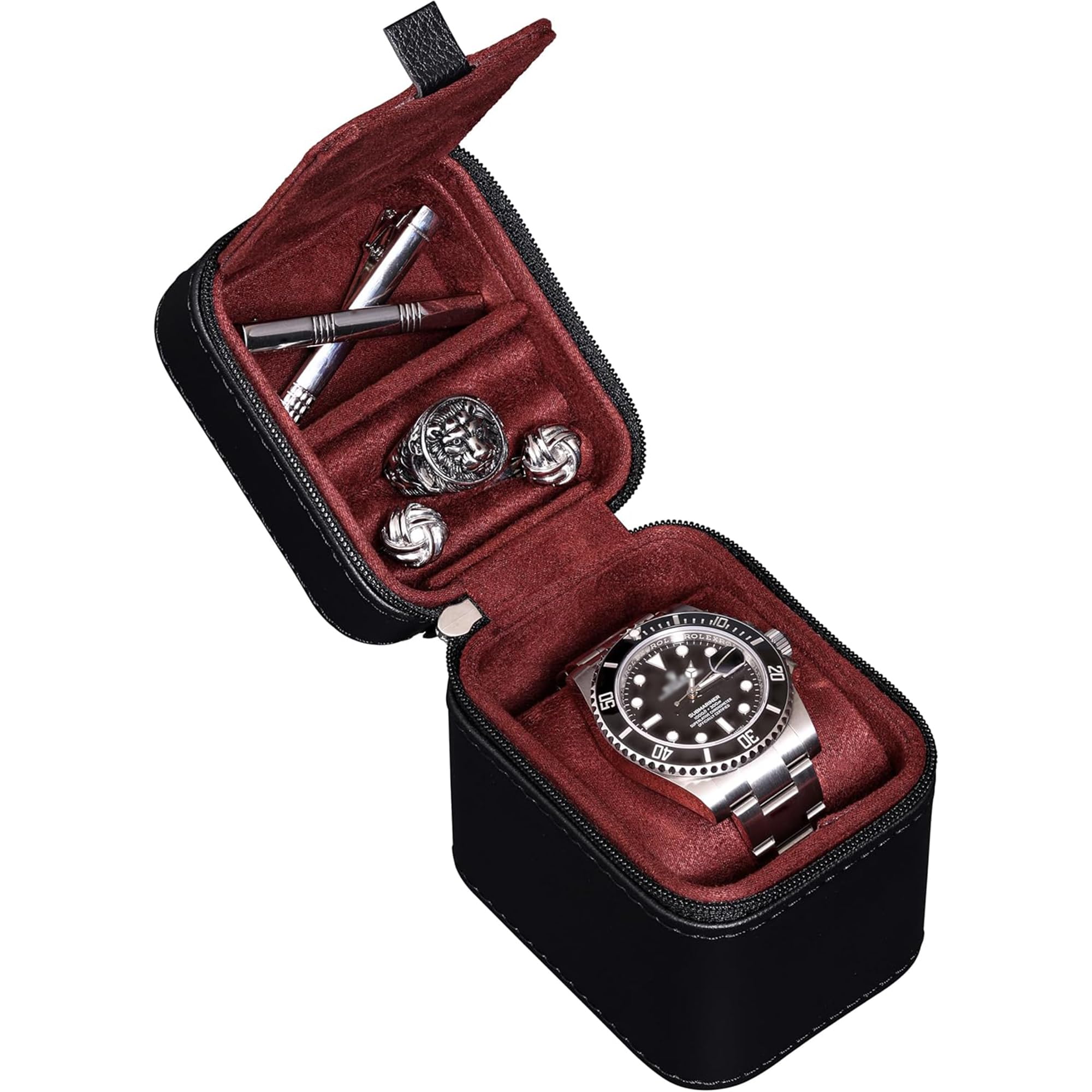 ROTHWELL Single Watch Travel Case, Compact PU Leather Case with Microsuede Interior, Fits Watches and Smart Watches up to 55mm (Black/Red)
