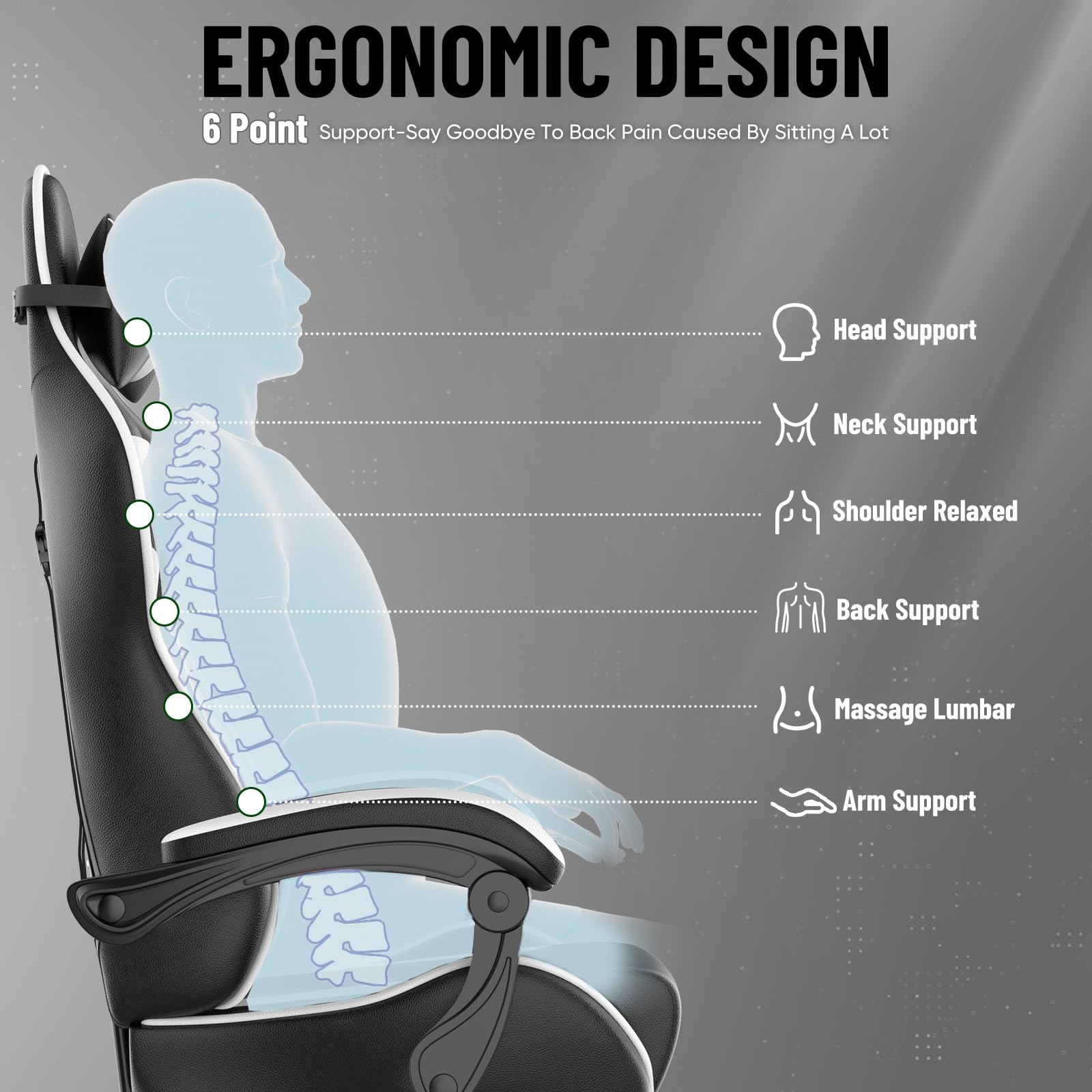Huracan Chaise Gaming Ergonomique avec Fonction Massage, Chaise Gamer en PU Respirant, Réglable en Hauteur Siege Gaming, Accoudoirs et Repose-Pieds, Fauteuil Gamer pour Adolescents et Adultes, Blanc