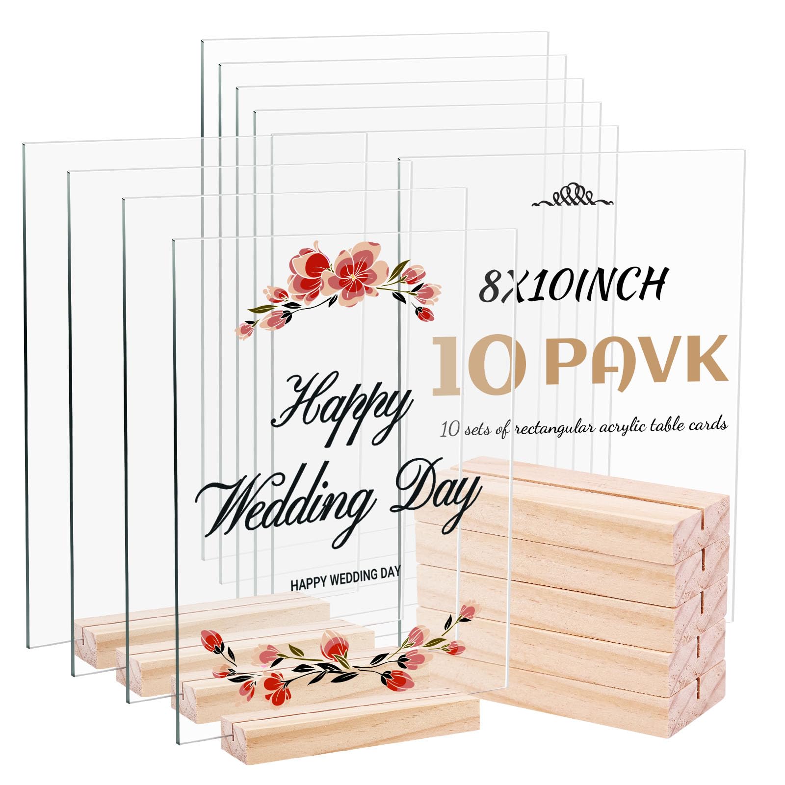 Bercoor 10 Pack 8x10 Inch Blank Clear Acrylic Sign with Wooden Stands, Rectangle Top Acrylic Sheet, DIY Acrylic Rectangle Table Numbers for DIY Name Card Gifts Event Party Sign Decoration