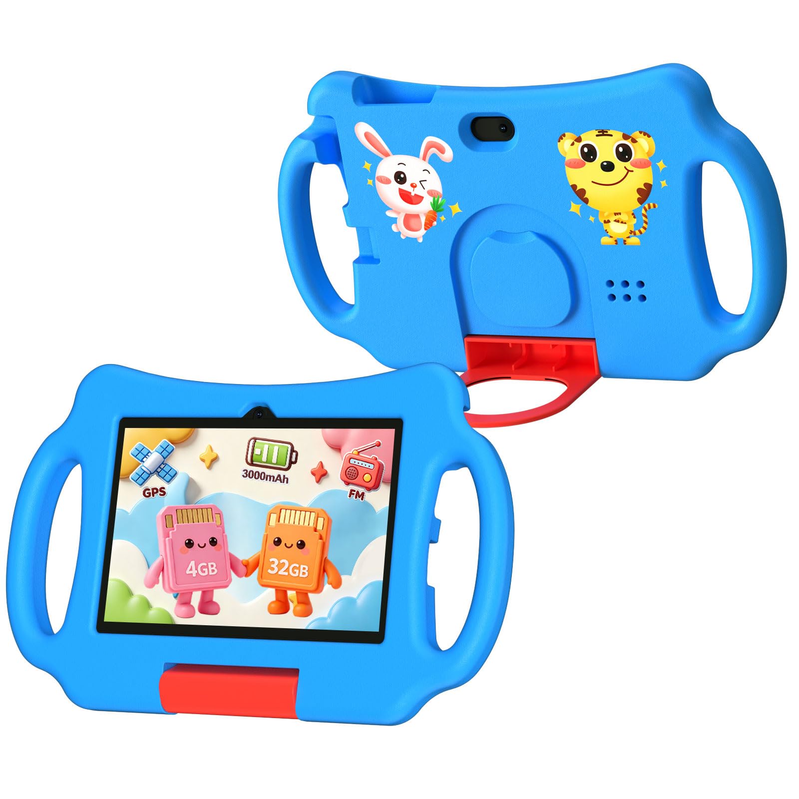 Tablet per bambini 7 pollici Android 12.0 per bambini, 4 GB di RAM 32 GB ROM Bluetooth IPS schermo controllo parentale doppia fotocamera antiurto custodia per giochi educativi (blu)