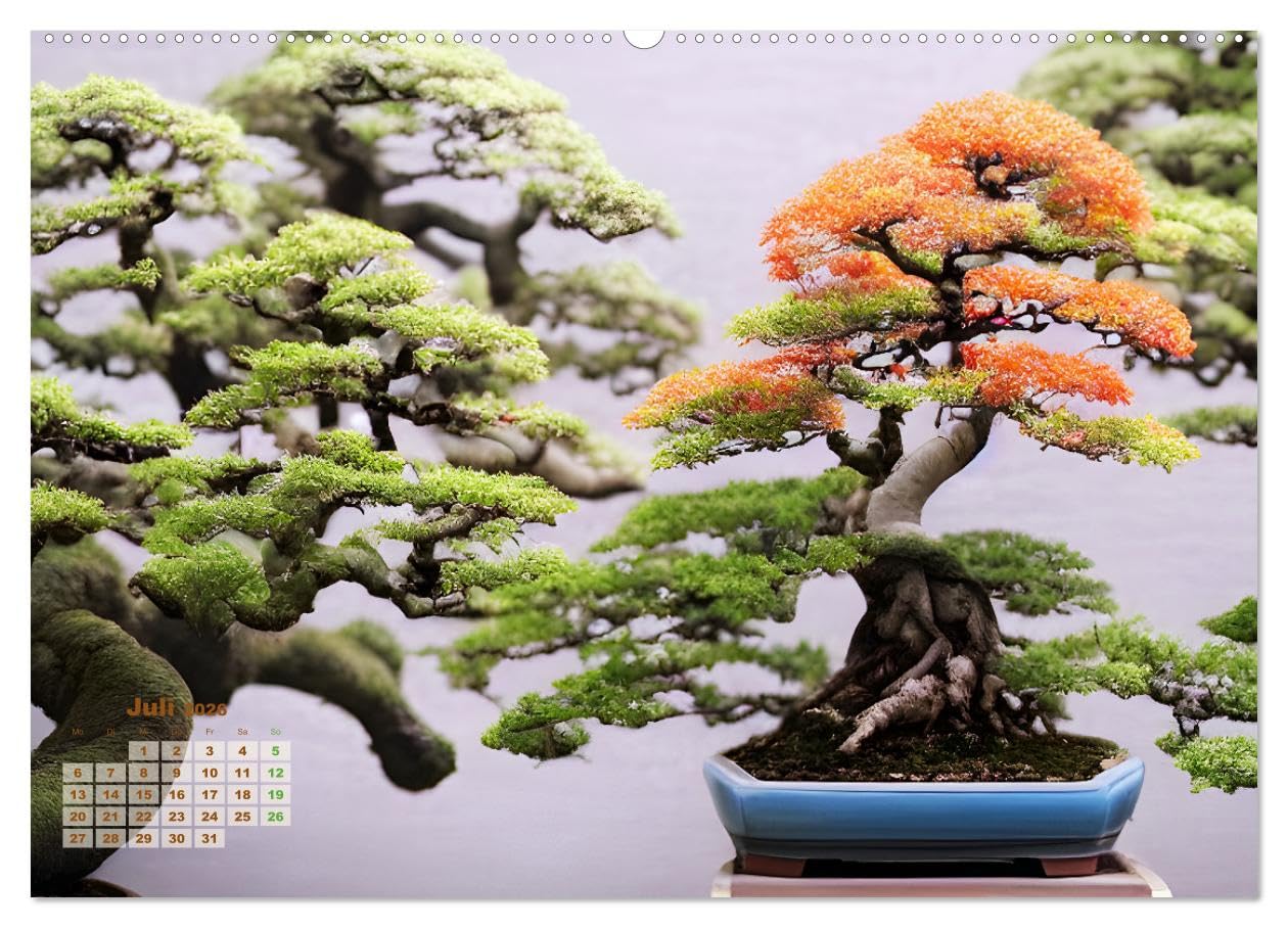 Täuschend echt KI-Bonsais (hochwertiger Premium Wandkalender 2026 DIN A2 quer), Kunstdruck in Hochglanz: Bonsaibäume stellen ursprünglich eine ... und Kunstform dar. (CALVENDO Natur)