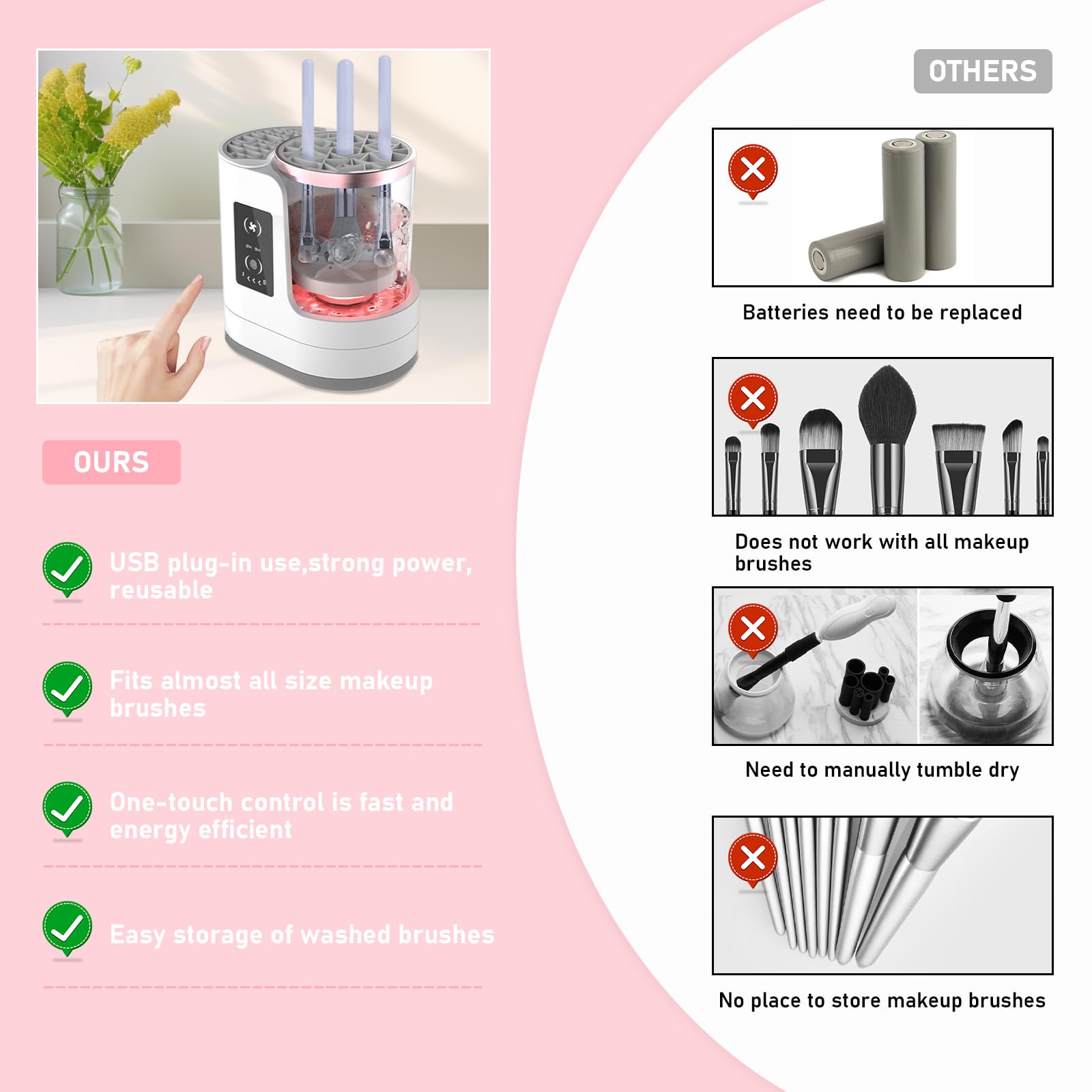 Nettoyeur électrique pour pinceaux maquillage, lave pinceaux maquillage fonction de lavage et de séchage à l'air, Nettoyeur automatique les pinceaux cosmétiques multifonction