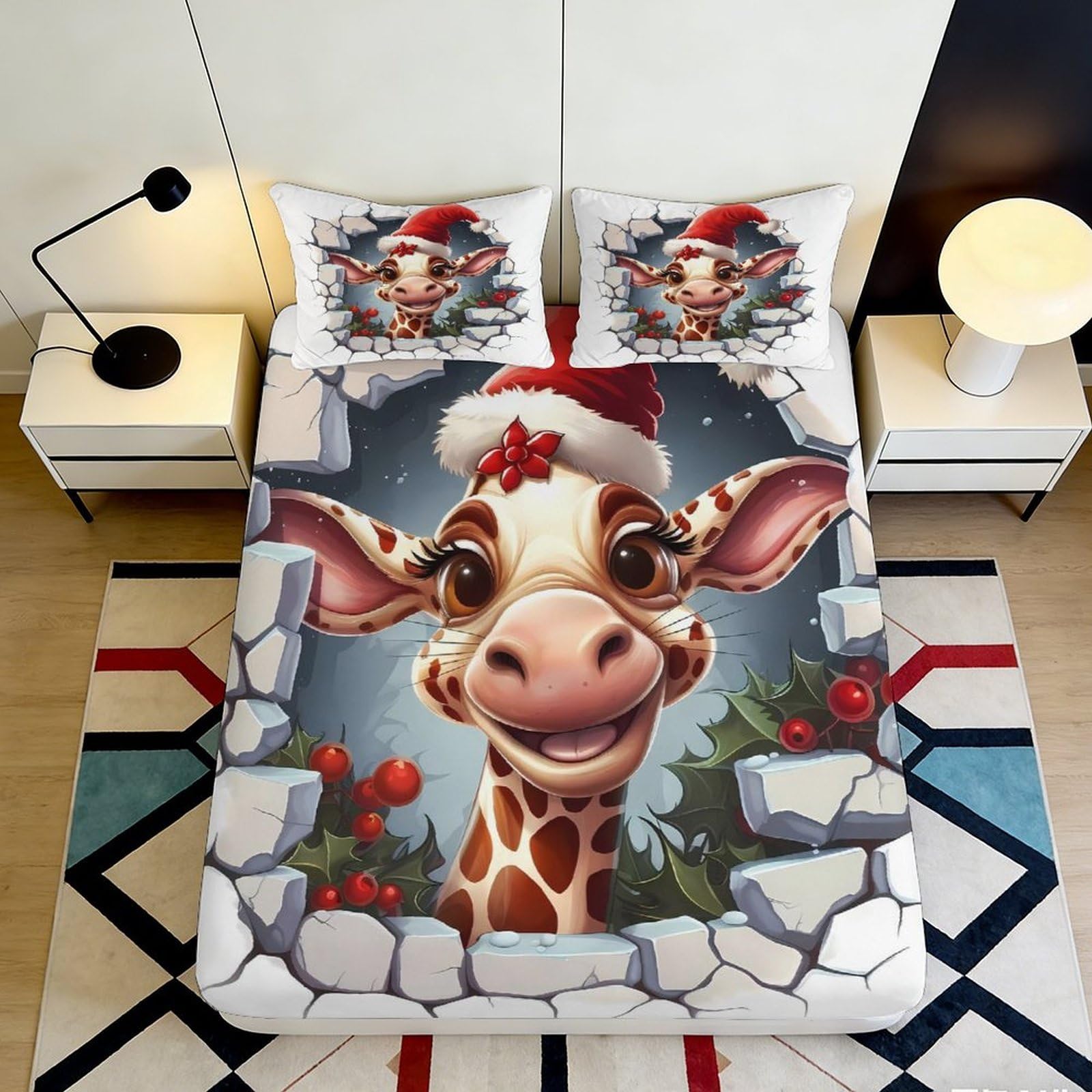 3D Printed Giraffe Christmas Fitted Sheet Microfiber Deep Pocket Non-Slip Bedding Giraffe Mattress Fitted Cover Elastic Hem Washable for Home 180x200x25cm