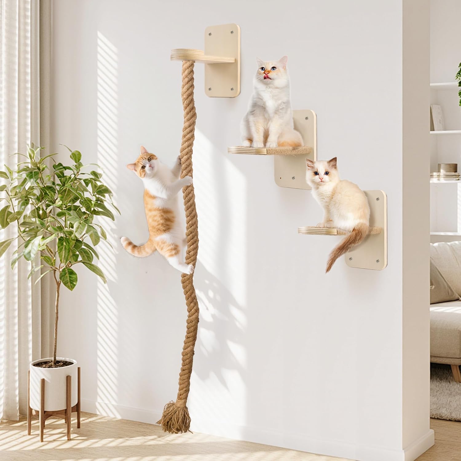 Cat Wall Shelves with 2 x 60 Inch Climbing Rope, Wall Mounted Cat Tree with Scratching Post Kitten Rope Ladder with Jumping Platform Wall Steps for Playing and Rest