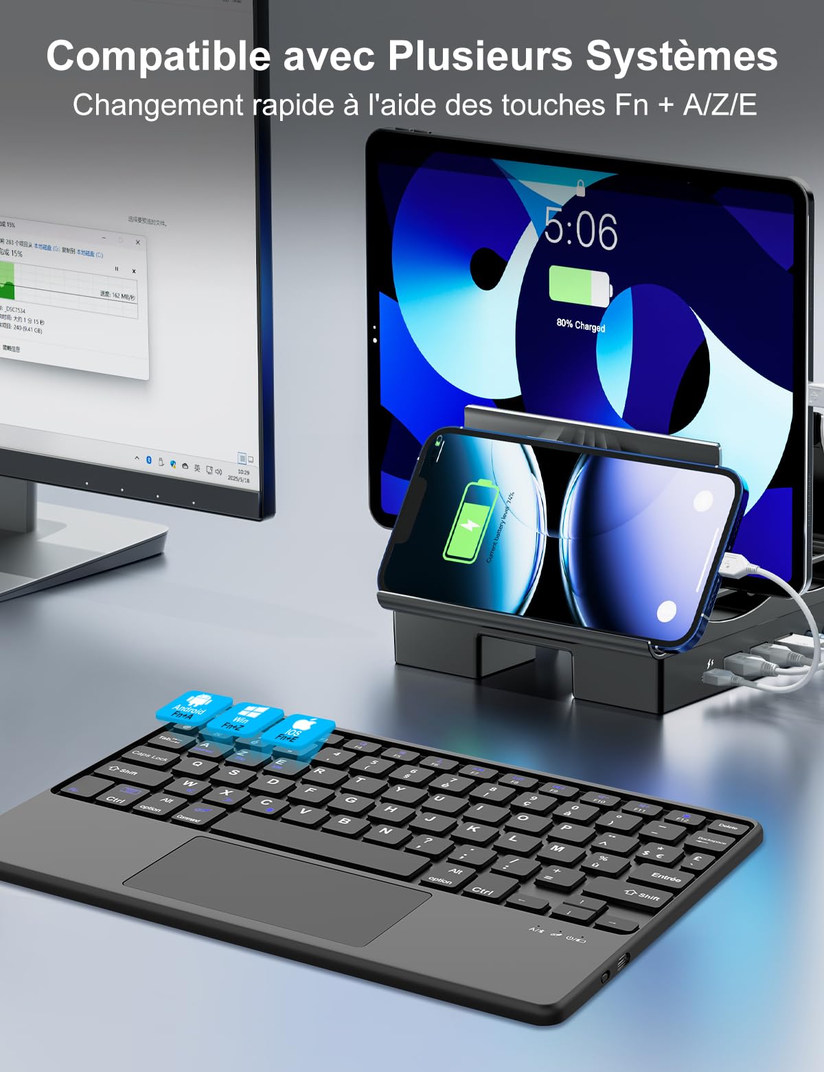 FOGARI Panel dotykowy Klawiatura Bluetooth Tablet 10", AZERTY Francuska Klawiatura