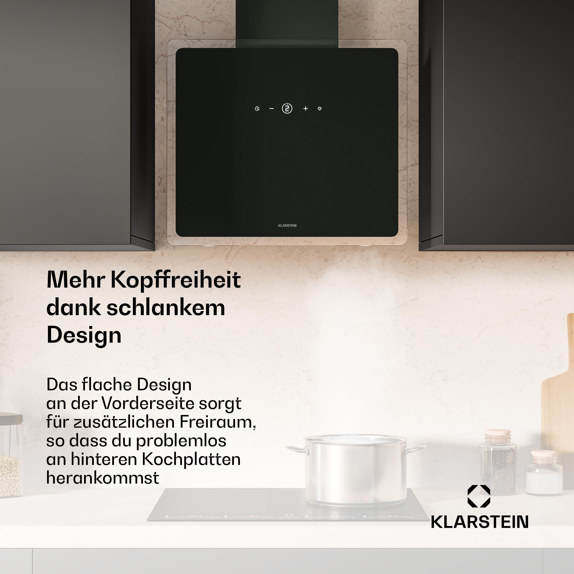 Klarstein AlizeEdge Dunstabzugshaube - 60 cm Wandhaube, Flaches Design, Touch-Steuerung, 487 m³/h Luftdurchsatz, A+ Energieeffizienz, LED-Beleuchtung, Leise 38 dB, Abluft & Umluft, Schwarz