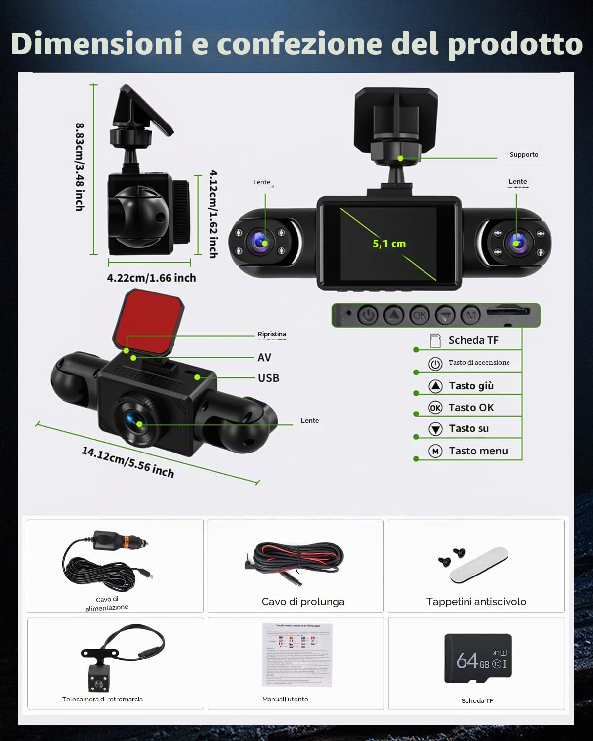 NHOPEEW Dash Cam a 4 canali anteriore e posteriore - Telecamera per auto a 360 gradi con display da 2 pollici, visione notturna IR, registrazione in loop, rilevamento del movimento + scheda TF da 64G
