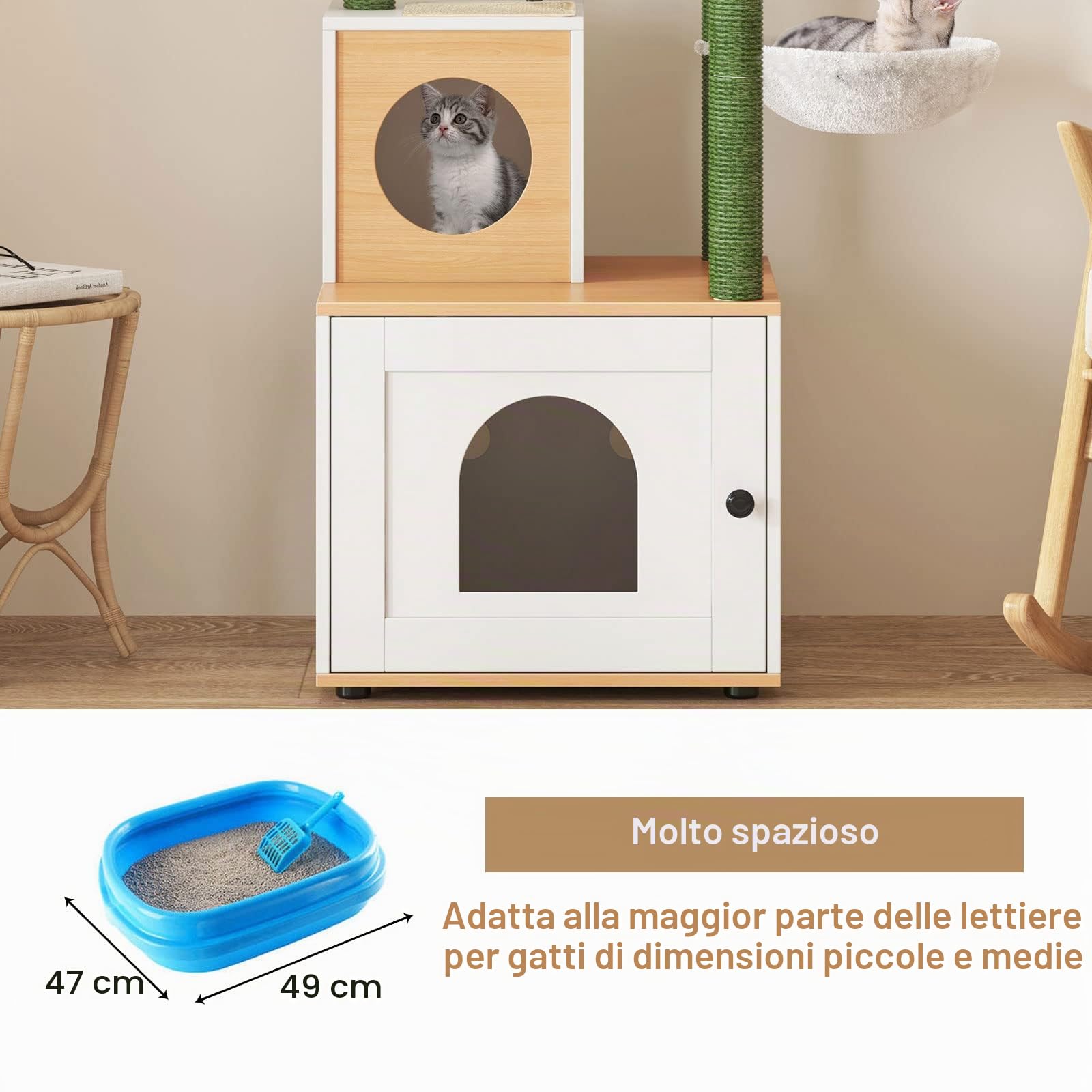 Sogesfurniture Albero per gatti, 152 cm, mobile a più piani con porta, grotta, tiragraffi, corda in sisal, verde, asta e amaca morbida