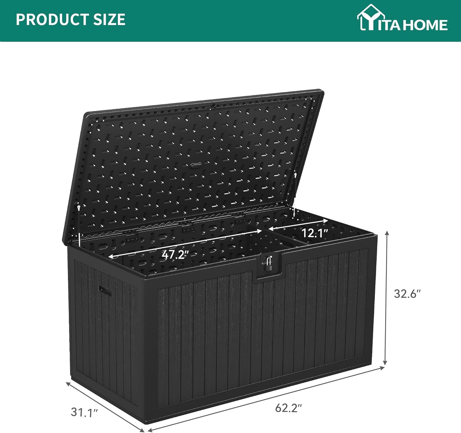 Diagram showing the dimensions of the YITAHOME deck box
