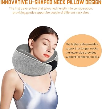 Memory Travel Pillow for Airplane Train, Portable Foam Neck Pillow with Eye Mask, Ear Plugs & Carry Bag, Comfortable Head Support Flight Pillow, Soft Sleeping Cushion for Plane Cars Office, Light Grey