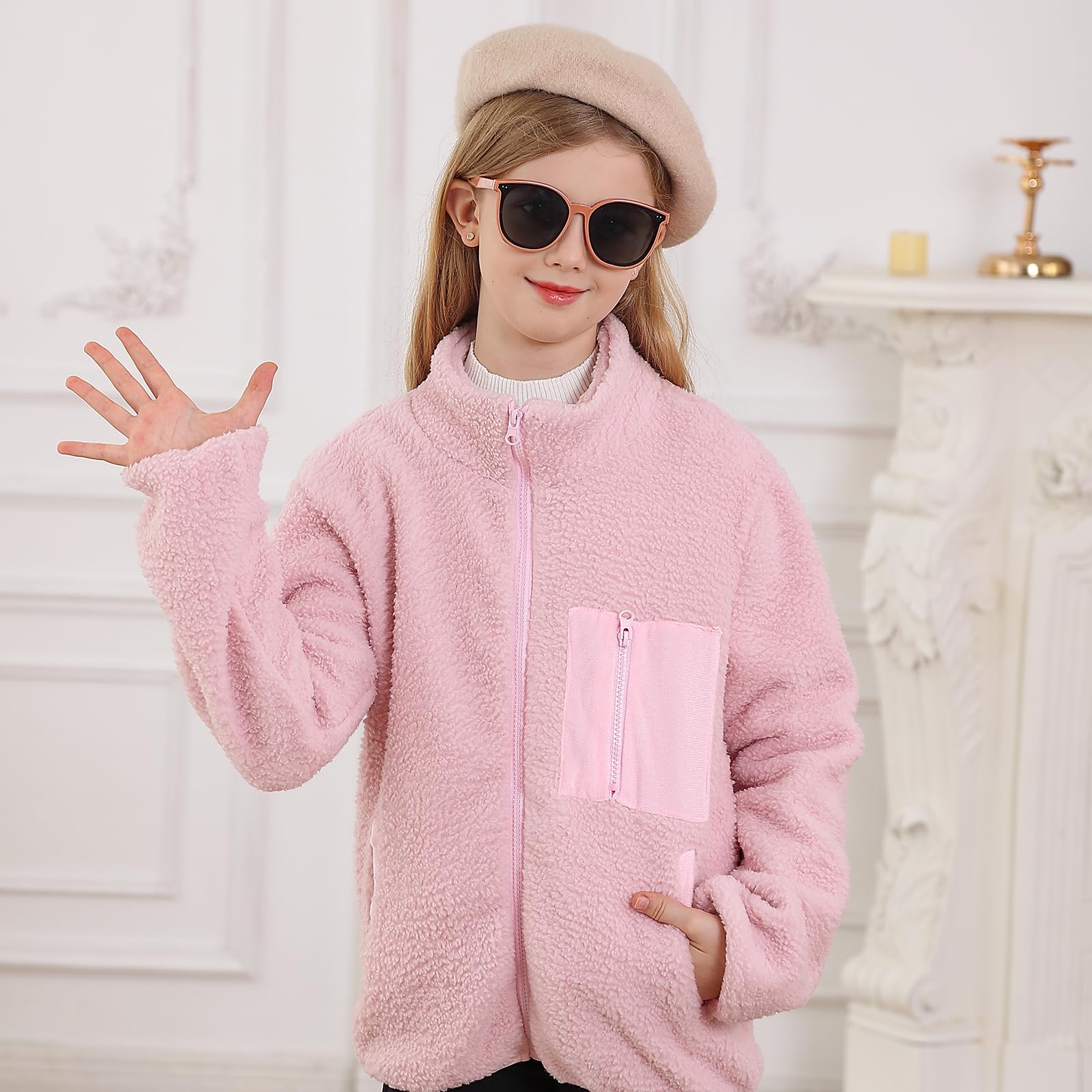 ALISISTER Fleecejacke Mädchen Jungen Sherpa Herbst Winter durchgehender Reißverschluss Flauschiger Mantel Oberbekleidung mit Taschen für 5–12 Jahre