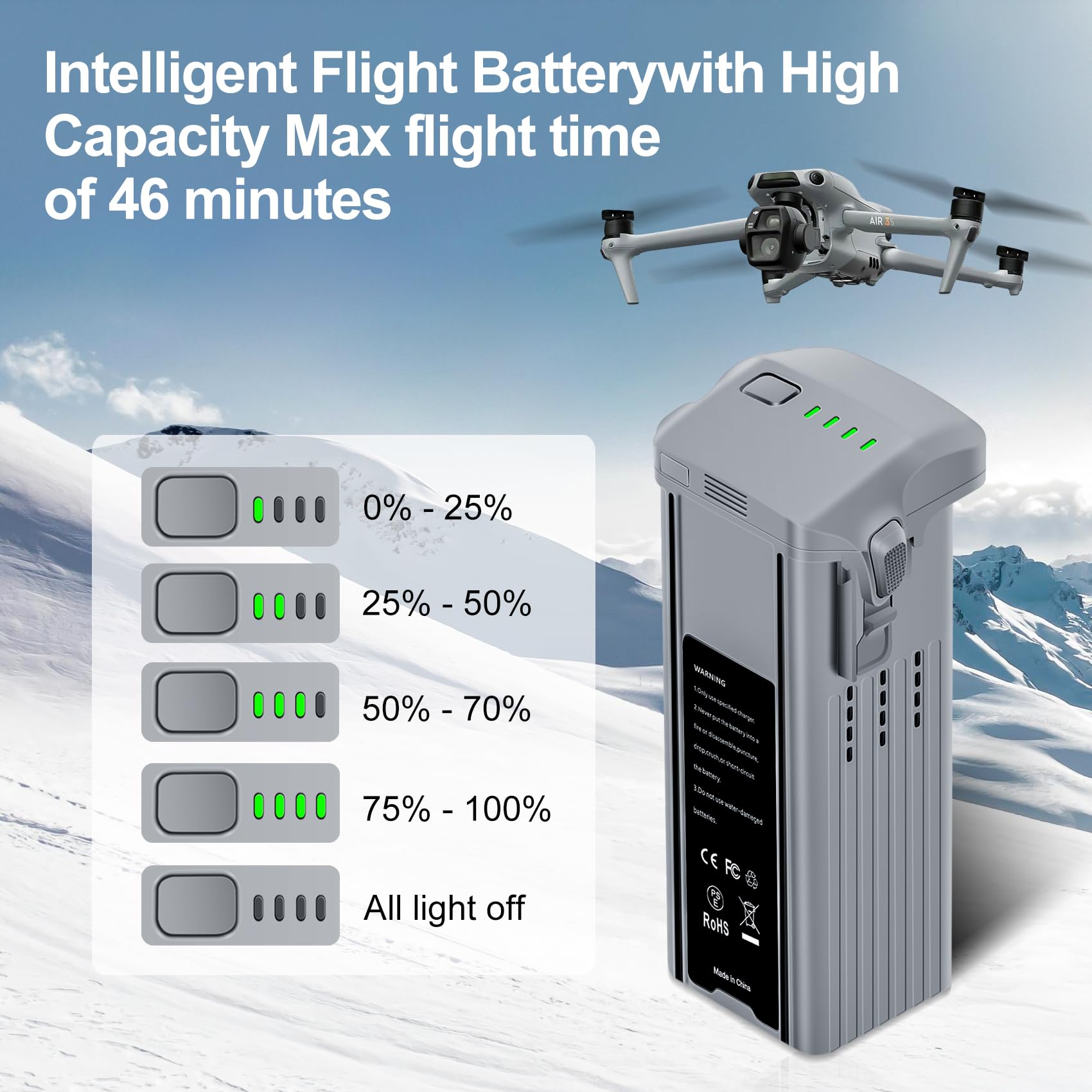 Air 3, batteria di volo intelligente, 1 confezione da 4276 mAh, batteria di ricambio portatile di grande capacità, completamente compatibile con gli accessori per droni DJI Air 3/Air 3S