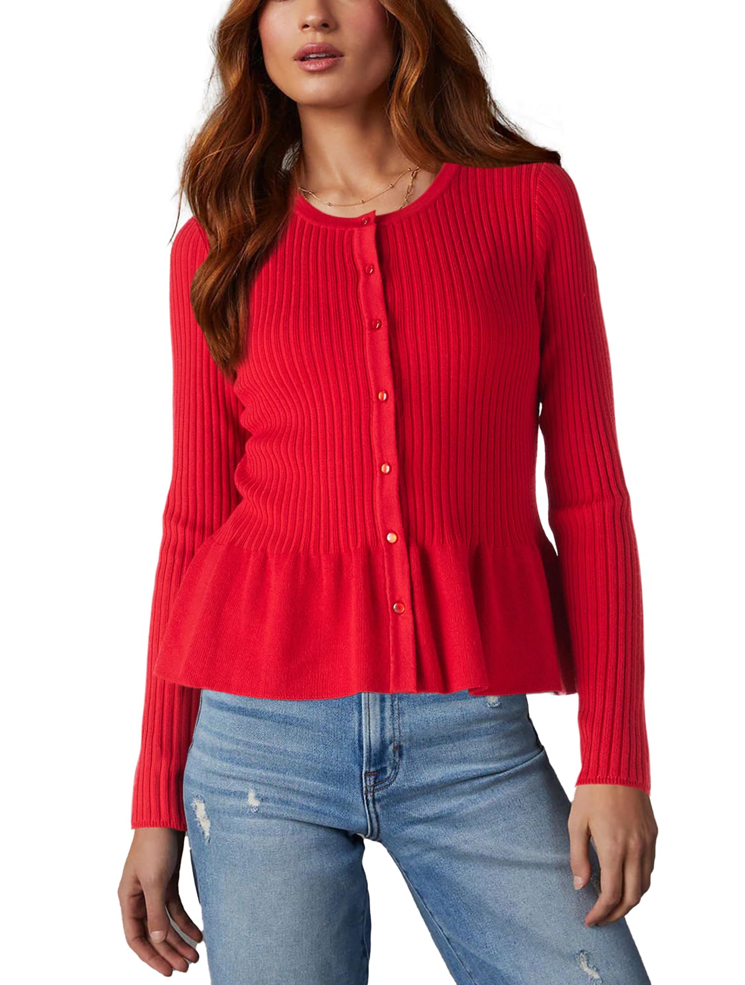 Beautiful Nomad Womens Long Sleeve Cardigan Peplum Sweater Crew Neck Button Tops Knit Ribbed Elegant Outwear Coat