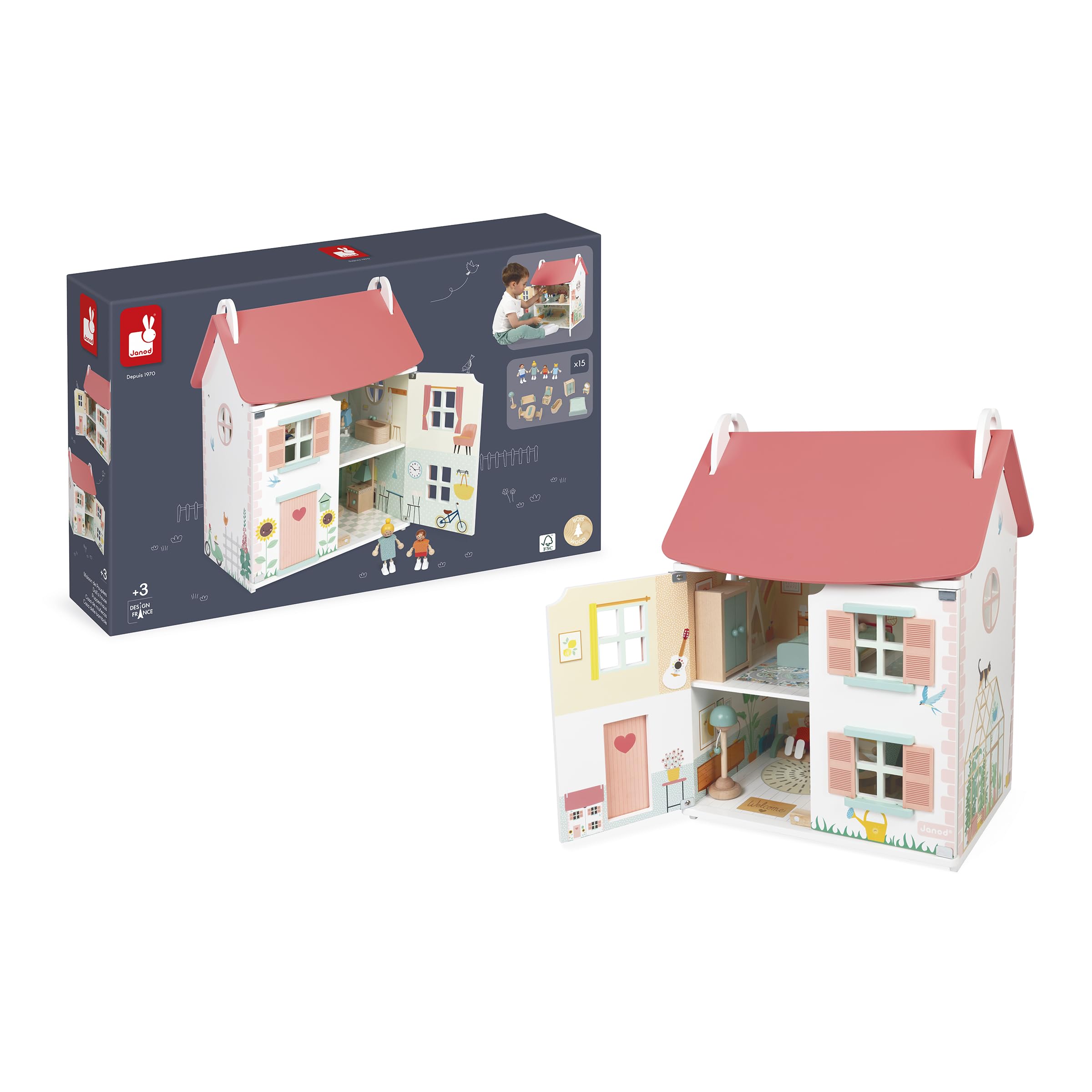 Janod - La mia Prima casa delle Bambole in Legno - 10 Accessori - Mobili per Bambole - Porte magnetiche e Tetto Rimovibile - Giocattolo in Legno FSC - dai 3 Anni