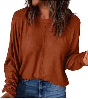 Mrat Women's Long Sleeve Tops Ladies Autumn Workout Sweatshirts Tshirts Classic Round Neck Basic Solid Color Loose Blouse Soft Lightweight Oversized Tees Shirts Henley Tshirts