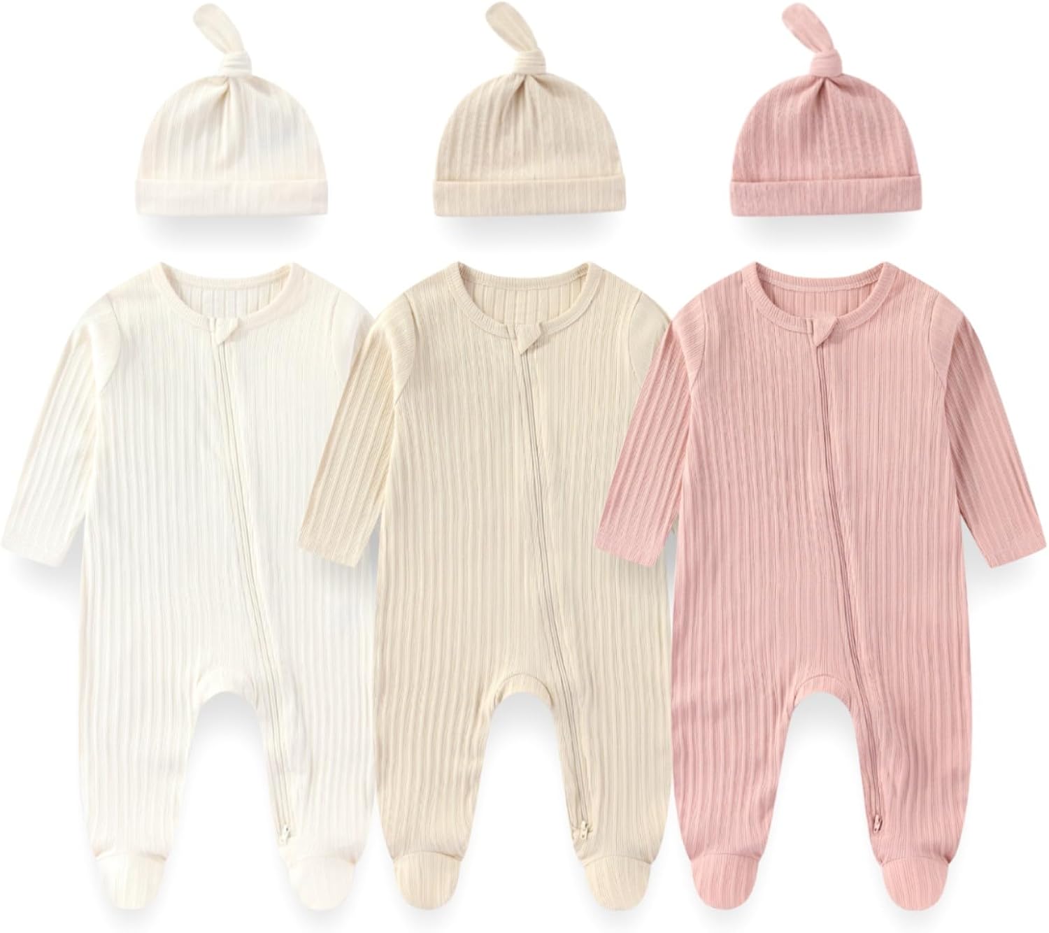 Unisex Newborn Baby Long Sleeve Romper 3-Pack with Matching Hats Solid Color Outfits