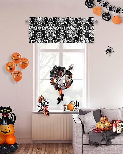 Miniatura 5 de Cenefa de ventana de Halloween, panel de bolsillo para barra de cocina, dormitorio, ventanas, calavera, aterrador, esqueleto, damasco, cenefas de