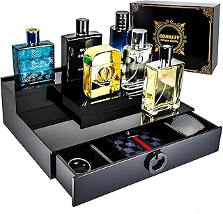 Cologne Organizer for Men,3 Step Acrylic Waterproof Black Cologne Stand with Drawer and Secret Compartment, Cologne Holder Tray Display Shelf as a Gift for Men in Dresser,Bedroom
