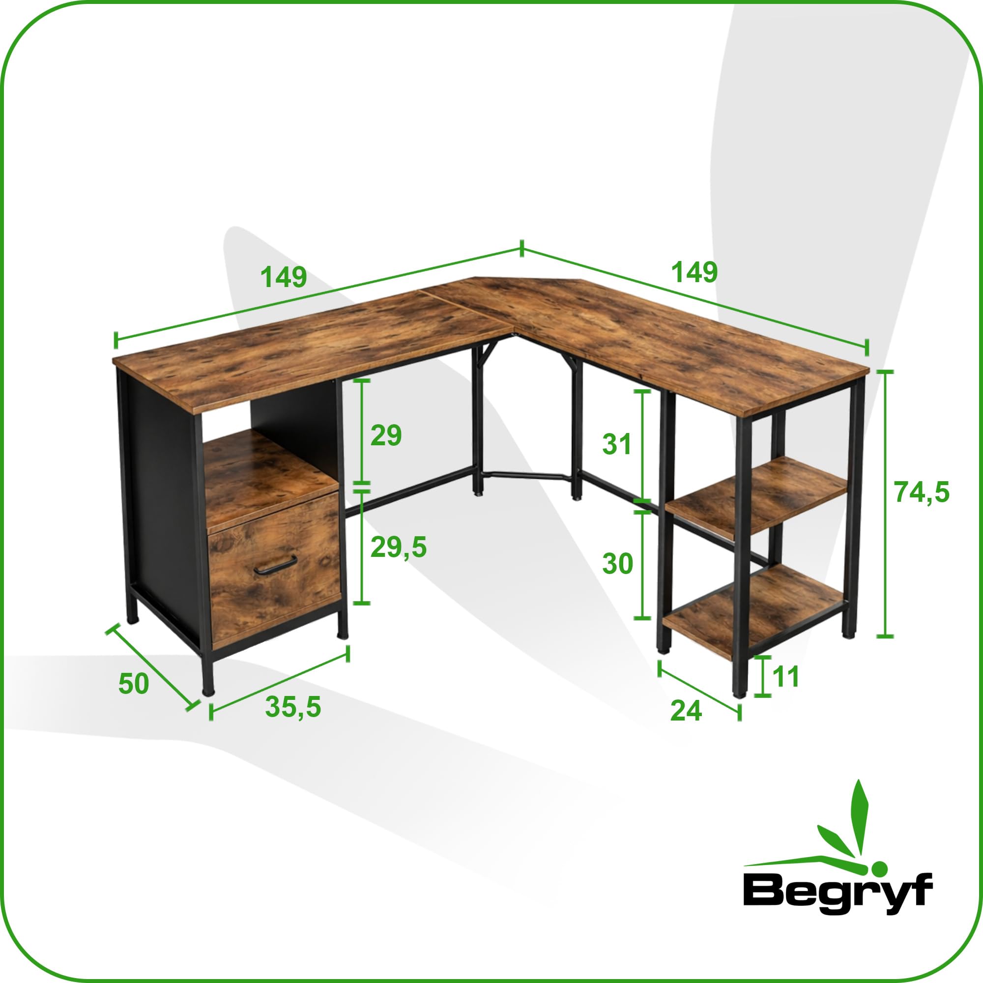 Eckschreibtisch 149 x 149 x 74,5 cm, Computertisch in L-Form, Schreibtisch mit Schublade und 2 Ablagen, MDF in rustikalem Braun, schwarzes Metallgestell, Loft-Stil
